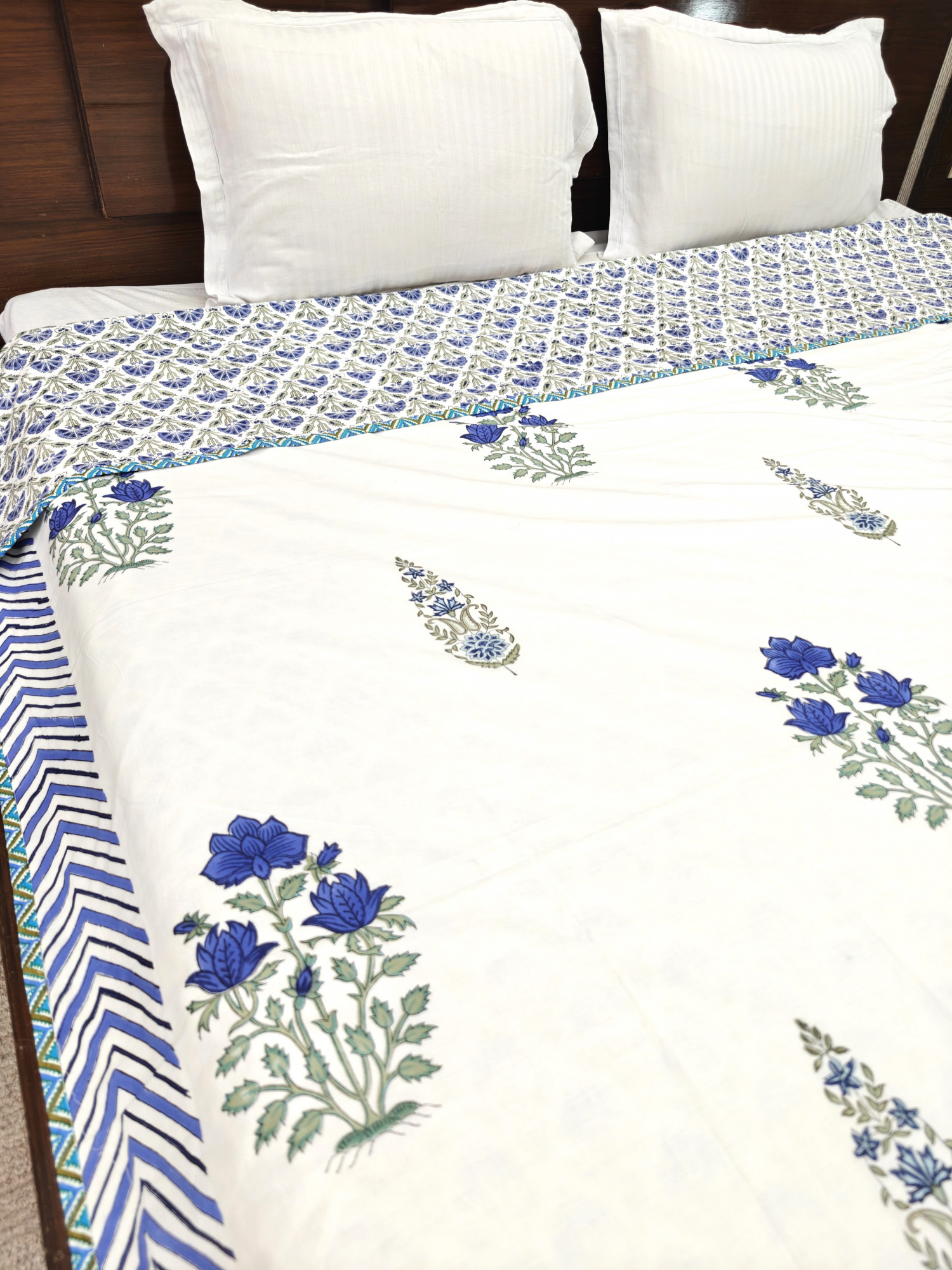 Block Print Dohar - Blue Double Motif Hand Block Print Mulmul Jaipuri