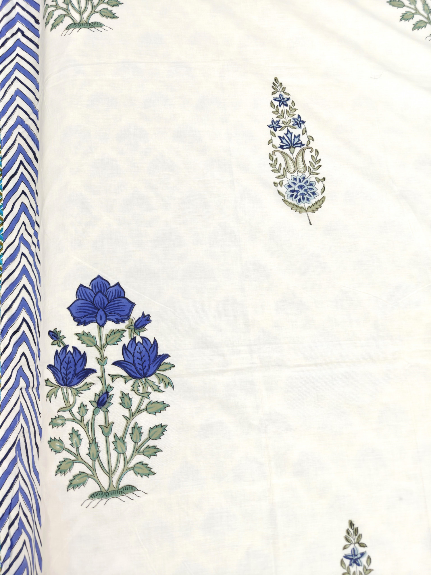 Block Print Dohar - Blue Double Motif Hand Block Print Mulmul Jaipuri