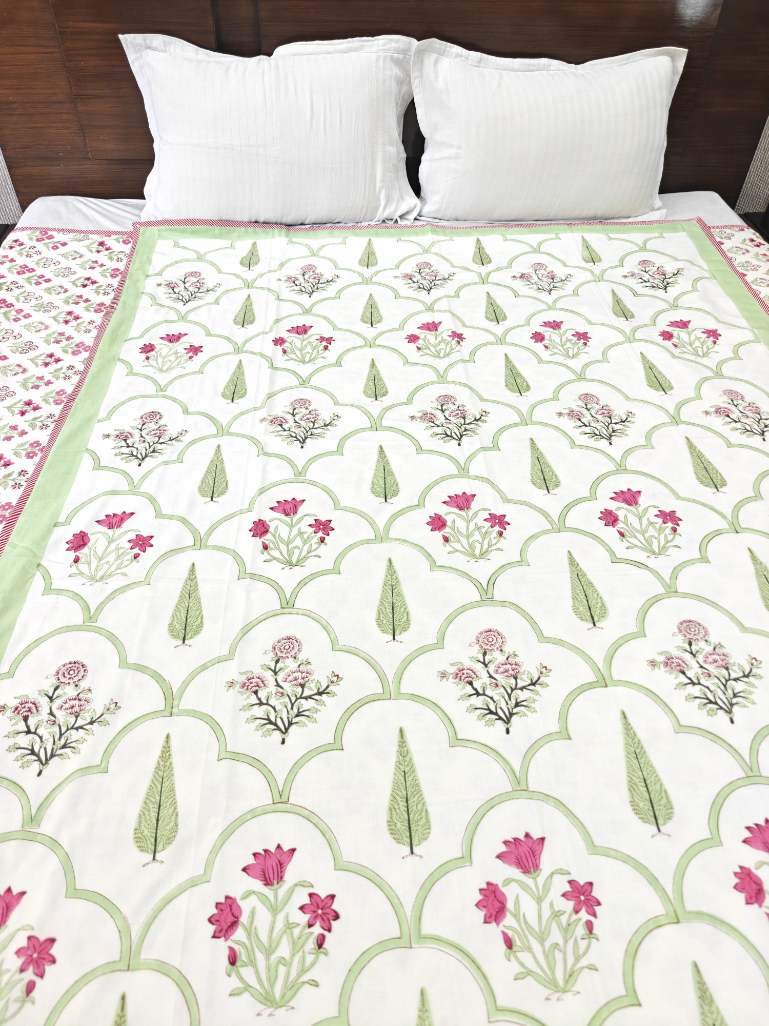 Block Print Dohar - Green Jaal Fern Hand Block Print Mulmul Jaipuri