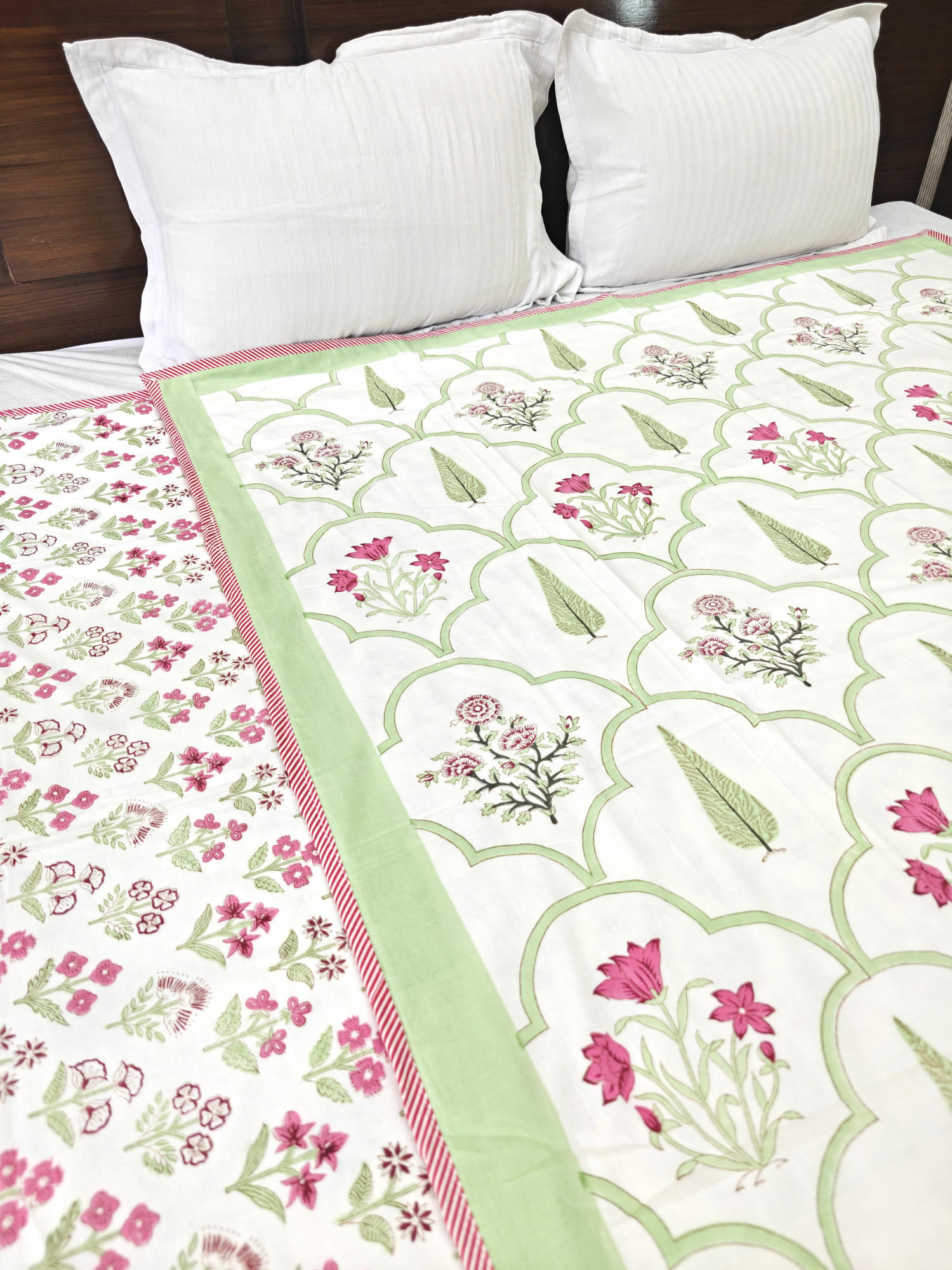 Block Print Dohar - Green Jaal Fern Hand Block Print Mulmul Jaipuri