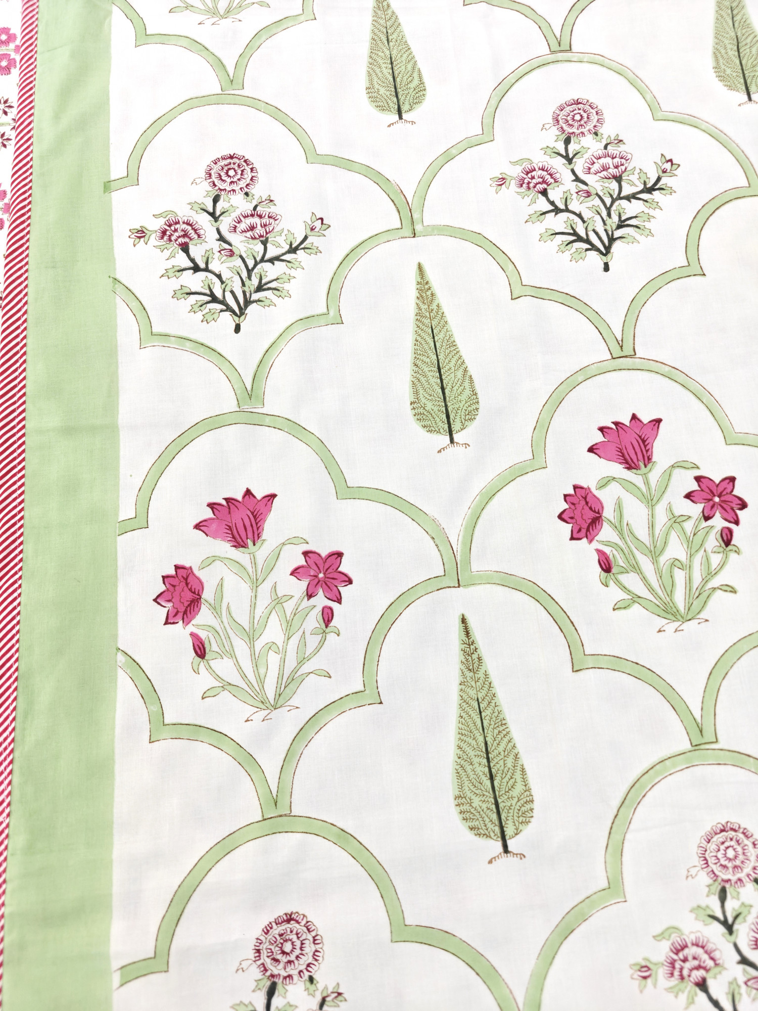 Block Print Dohar - Green Jaal Fern Hand Block Print Mulmul Jaipuri