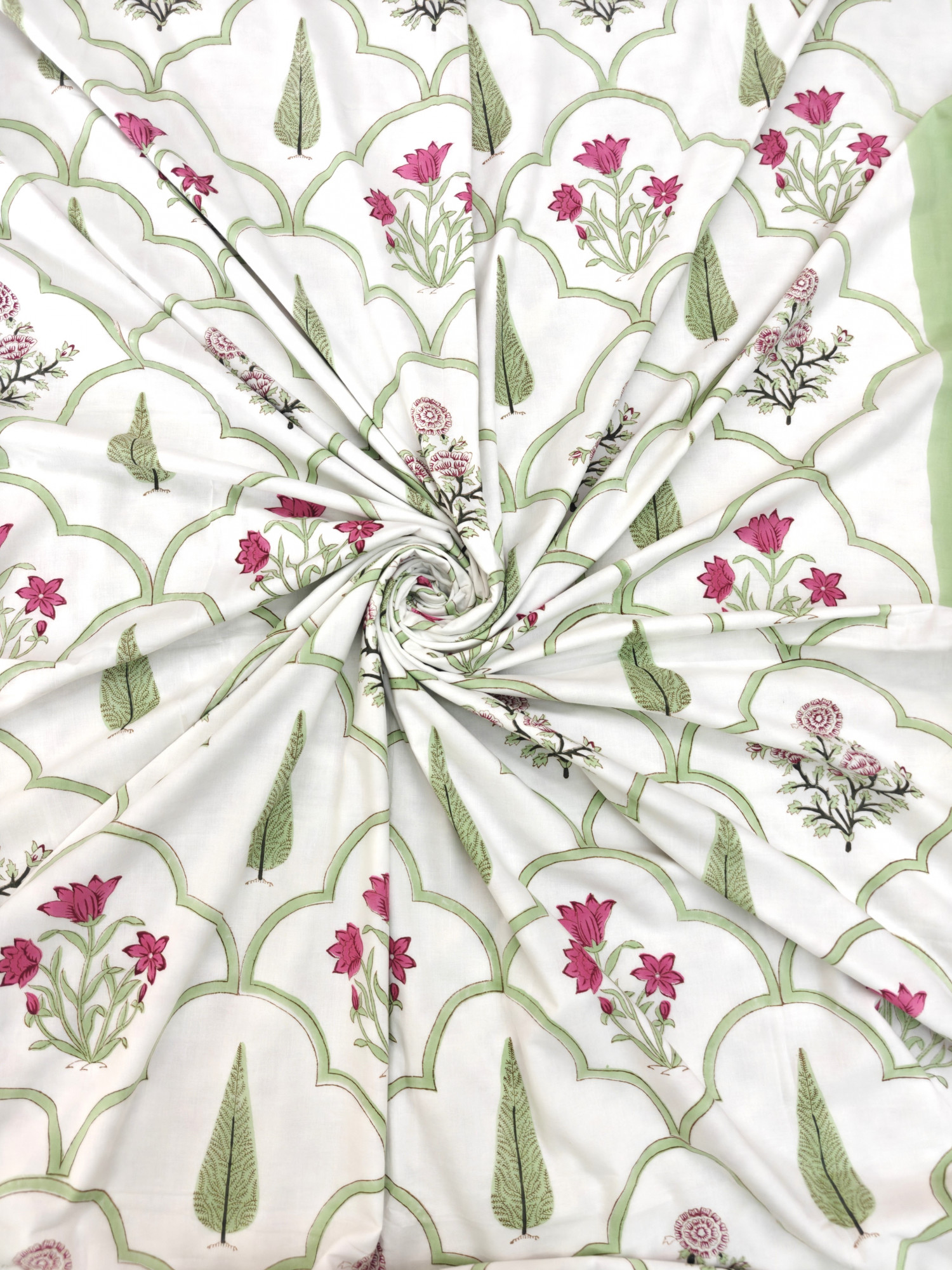 Block Print Dohar - Green Jaal Fern Hand Block Print Mulmul Jaipuri