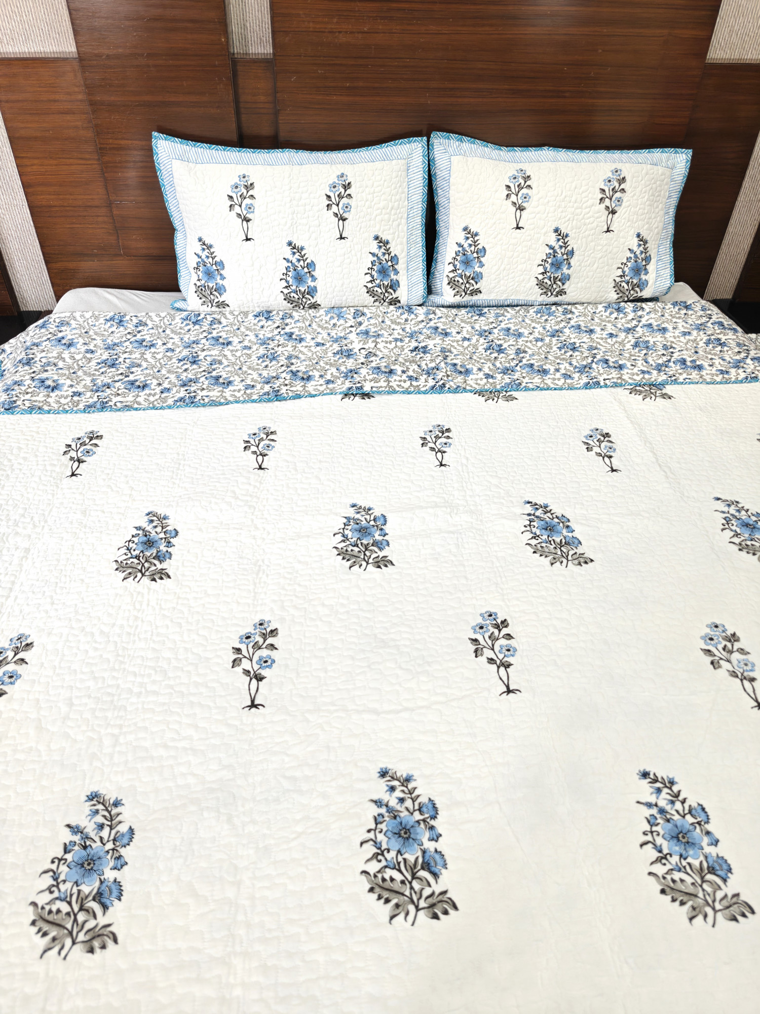 Block Print Bedcover - Blue Floral Reversible Hand Block Print Cotton Double