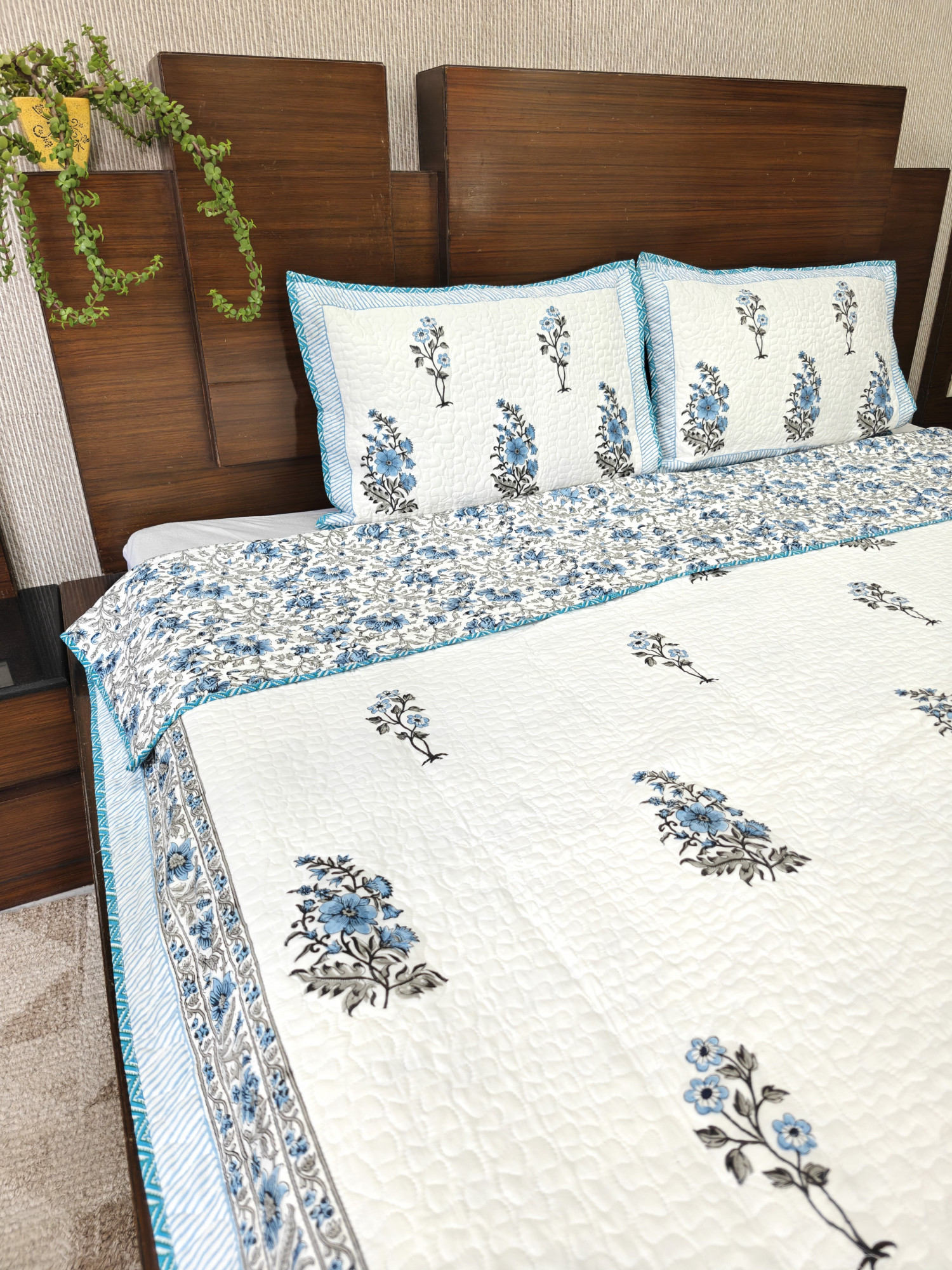 Block Print Bedcover - Blue Floral Reversible Hand Block Print Cotton Double