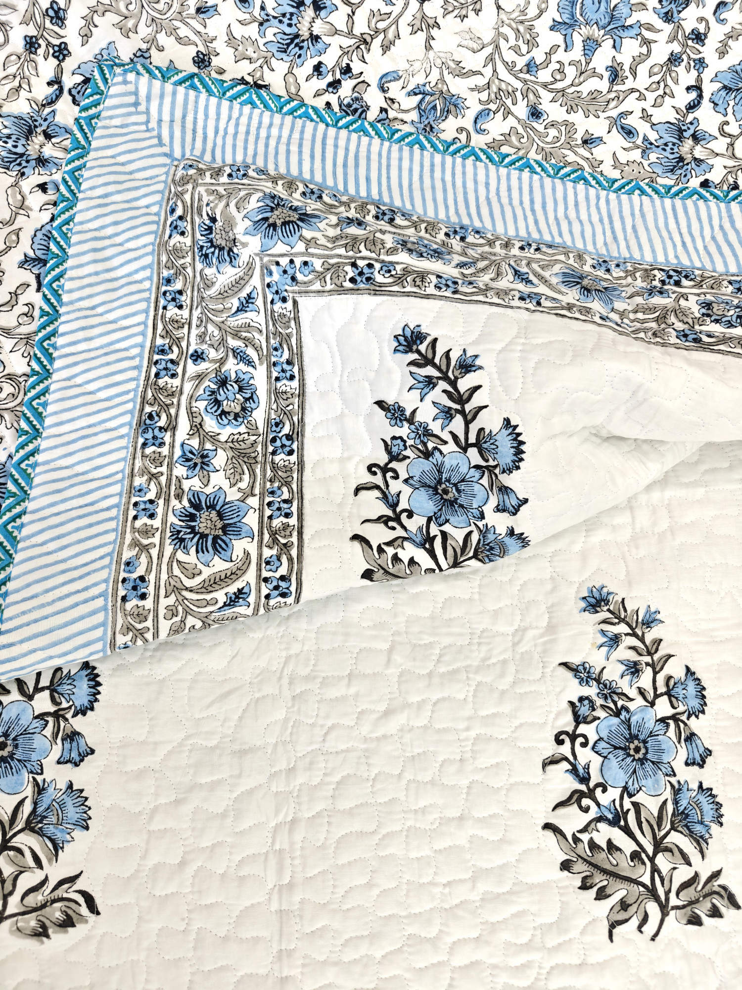 Block Print Bedcover - Blue Floral Reversible Hand Block Print Cotton Double
