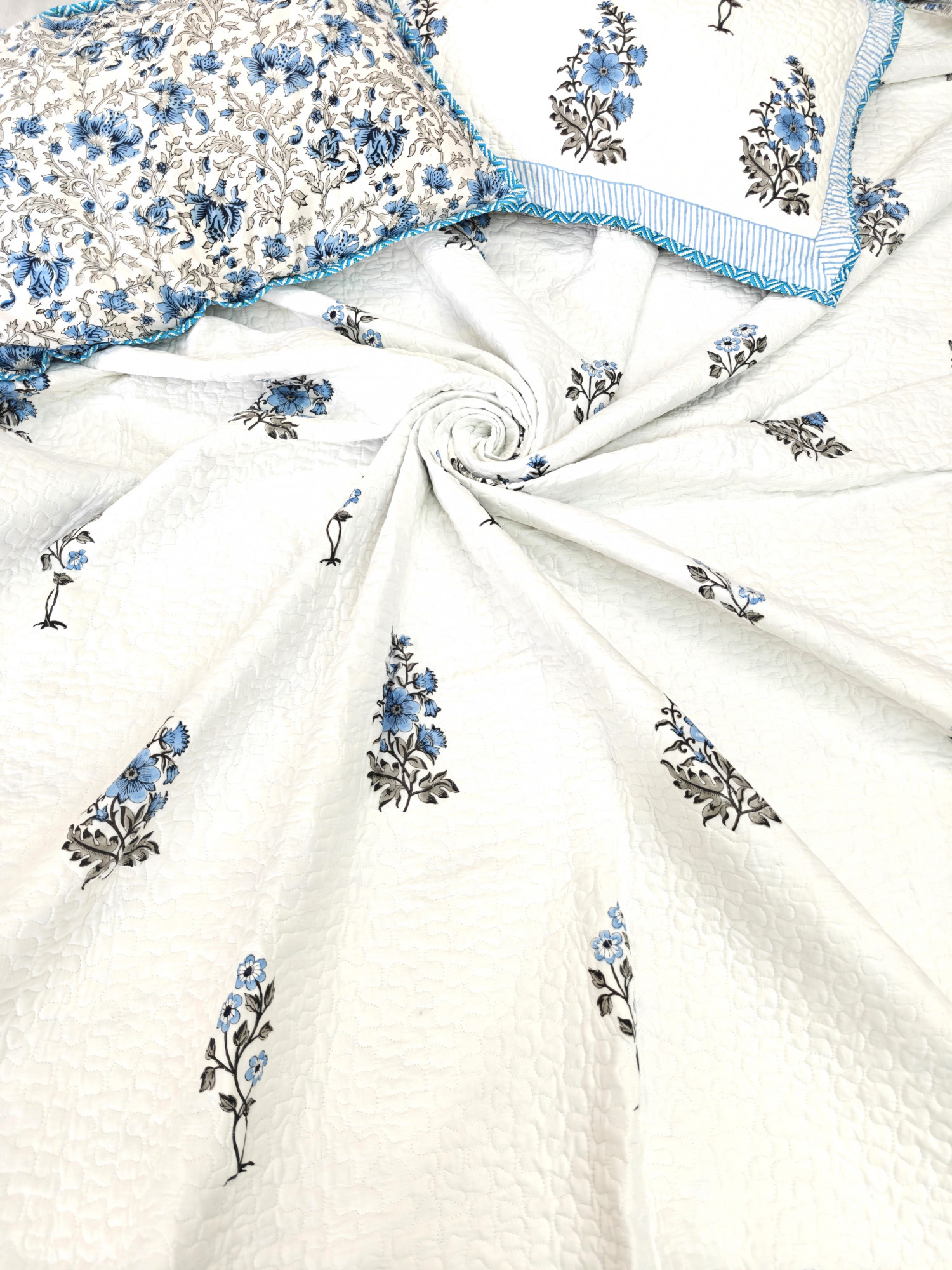 Block Print Bedcover - Blue Floral Reversible Hand Block Print Cotton Double