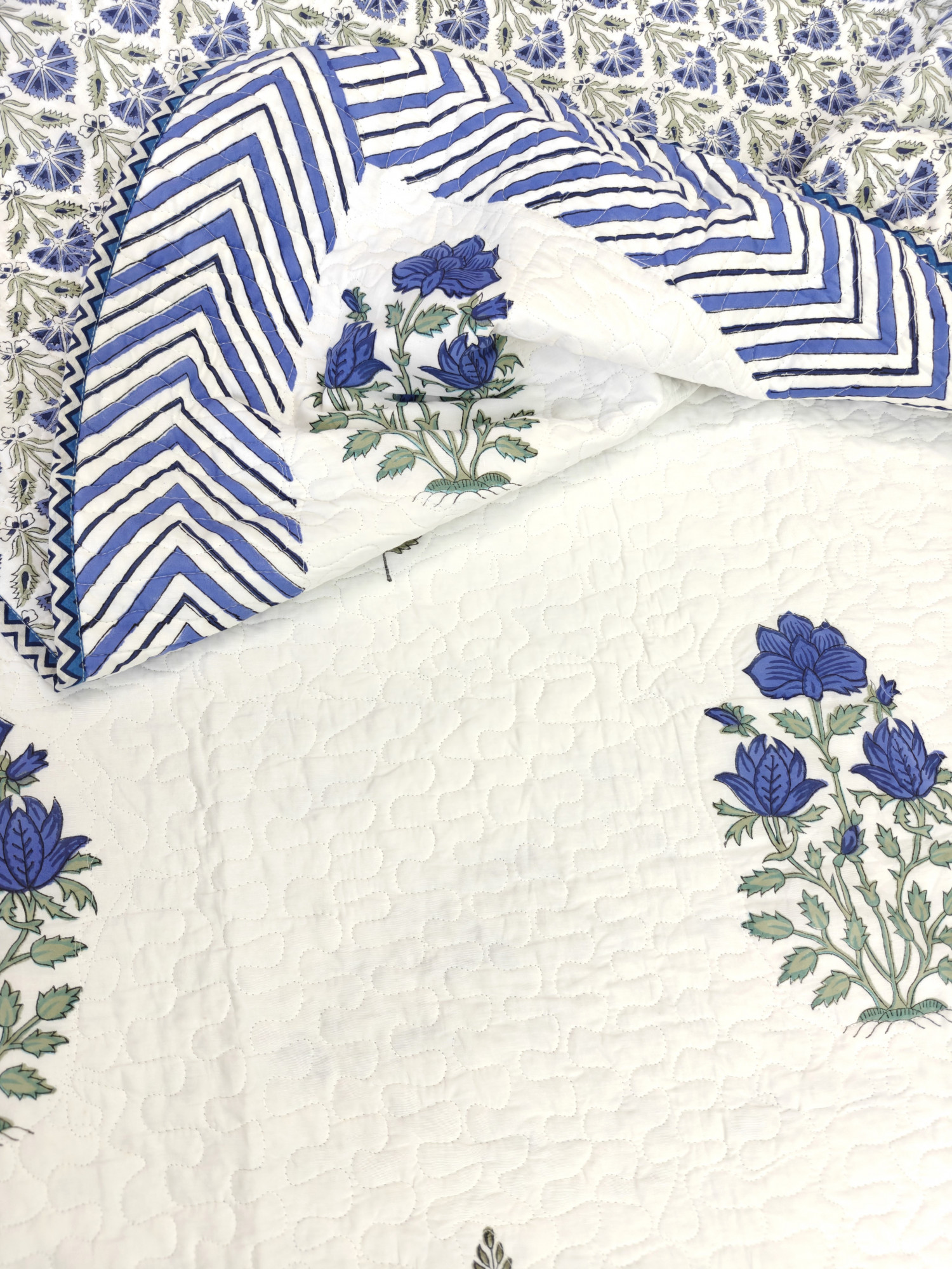 Handblock Reversible Cotton Bedspread | Jaipuri Print | Blue Double Motif Bedcover