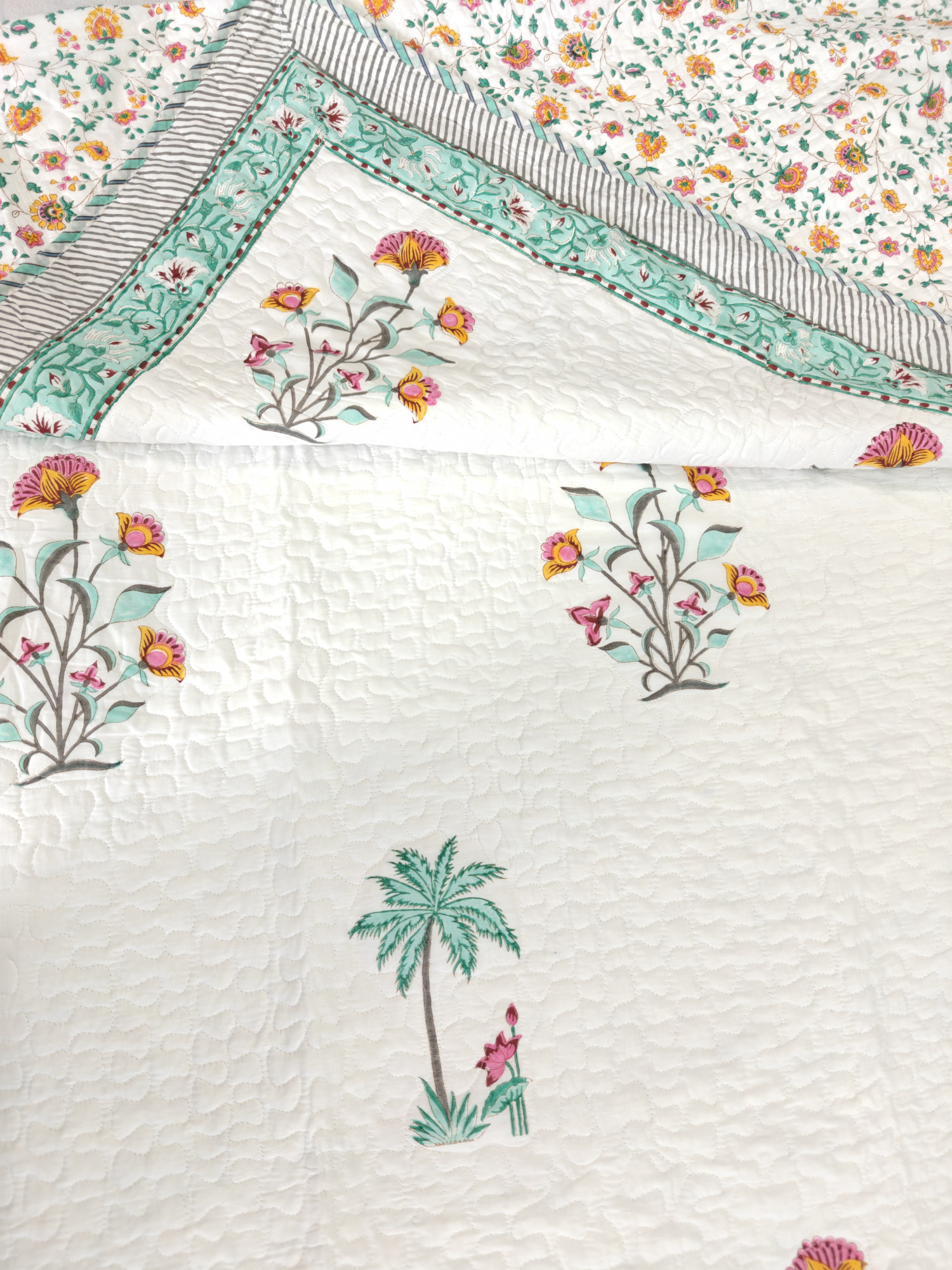 Block Print Bedcover - Malabar Bloomer Reversible Hand Block Print Cotton Double