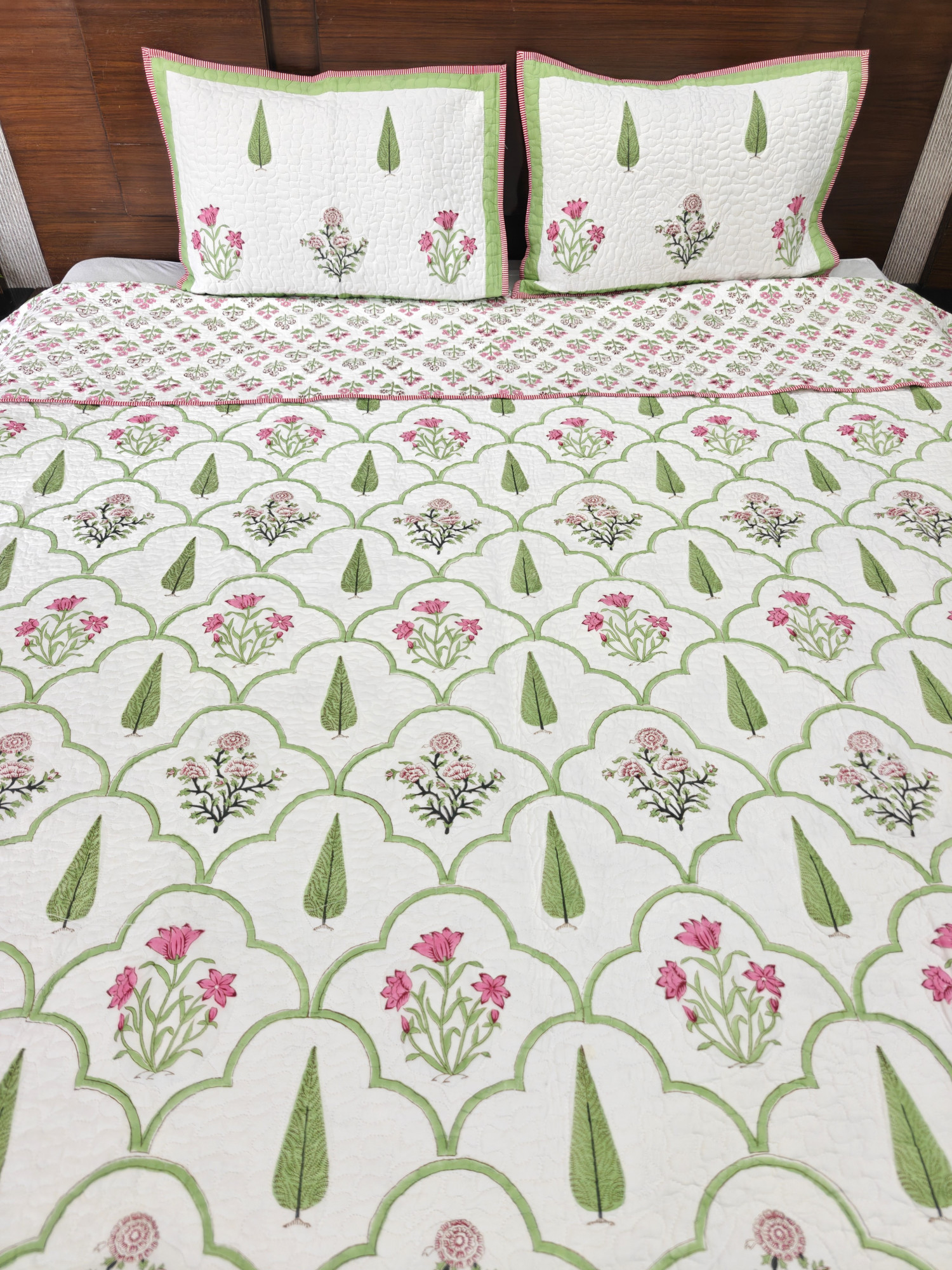 Block Print Bedcover - Green Jaal Fern Reversible Hand Block Print Cotton Double