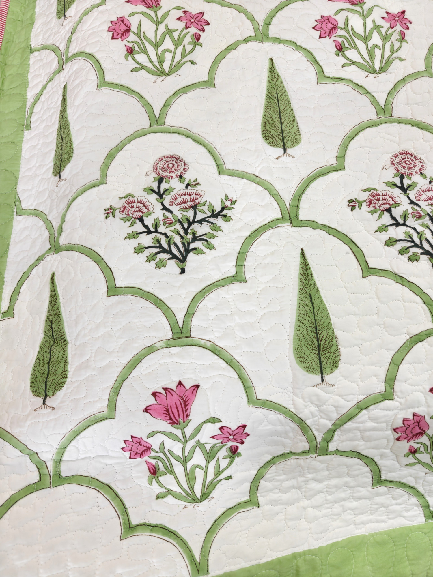 Block Print Bedcover - Green Jaal Fern Reversible Hand Block Print Cotton Double