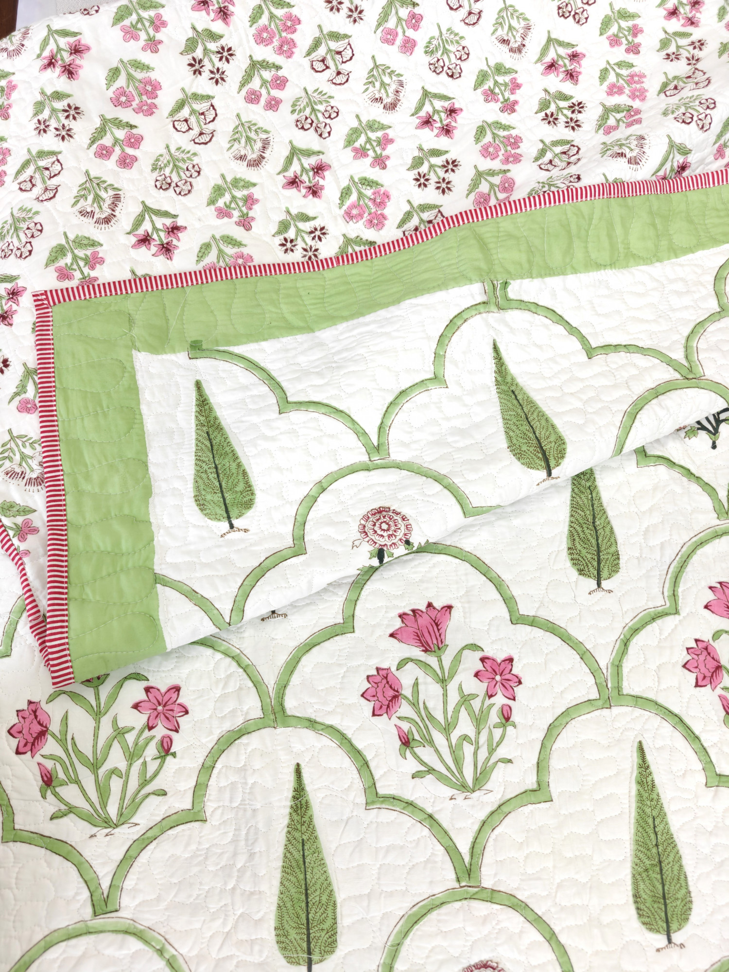 Block Print Bedcover - Green Jaal Fern Reversible Hand Block Print Cotton Double