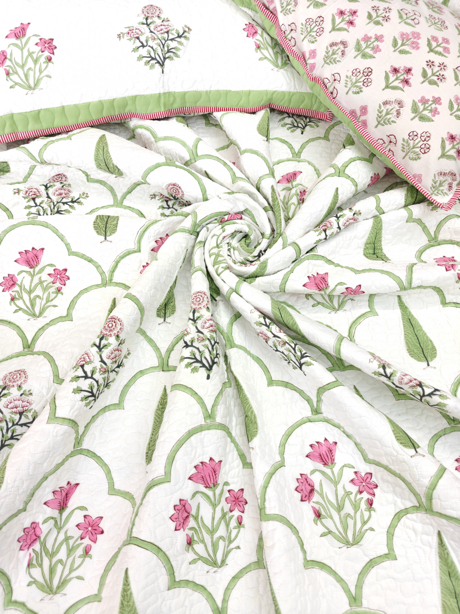Block Print Bedcover - Green Jaal Fern Reversible Hand Block Print Cotton Double