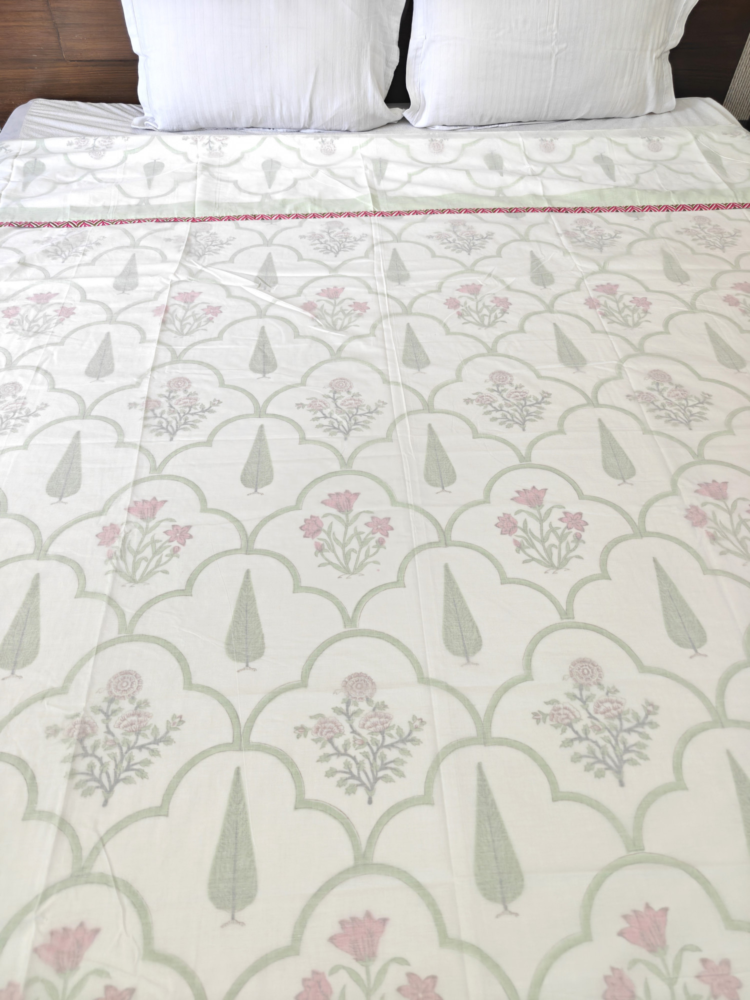 Block Print 3D Dohar - Green Jaal Fern Hand Block Print Mulmul Jaipuri