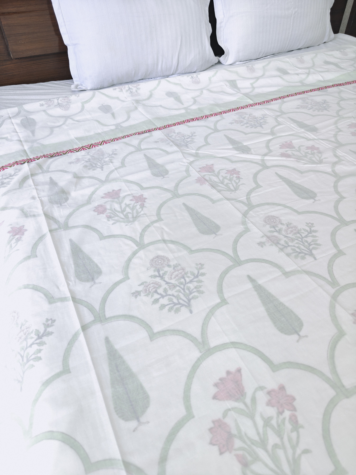 Block Print 3D Dohar - Green Jaal Fern Hand Block Print Mulmul Jaipuri