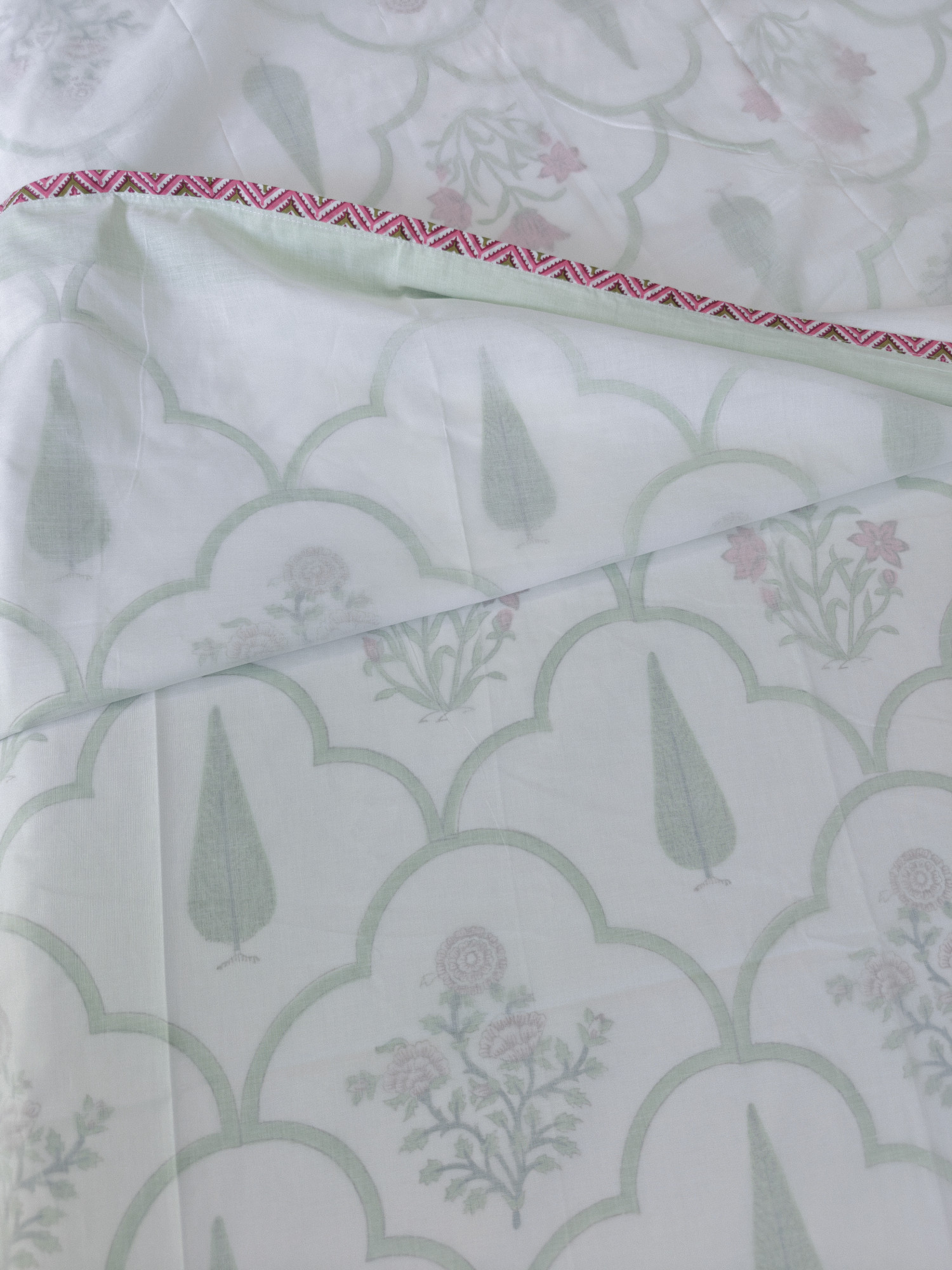 Block Print 3D Dohar - Green Jaal Fern Hand Block Print Mulmul Jaipuri