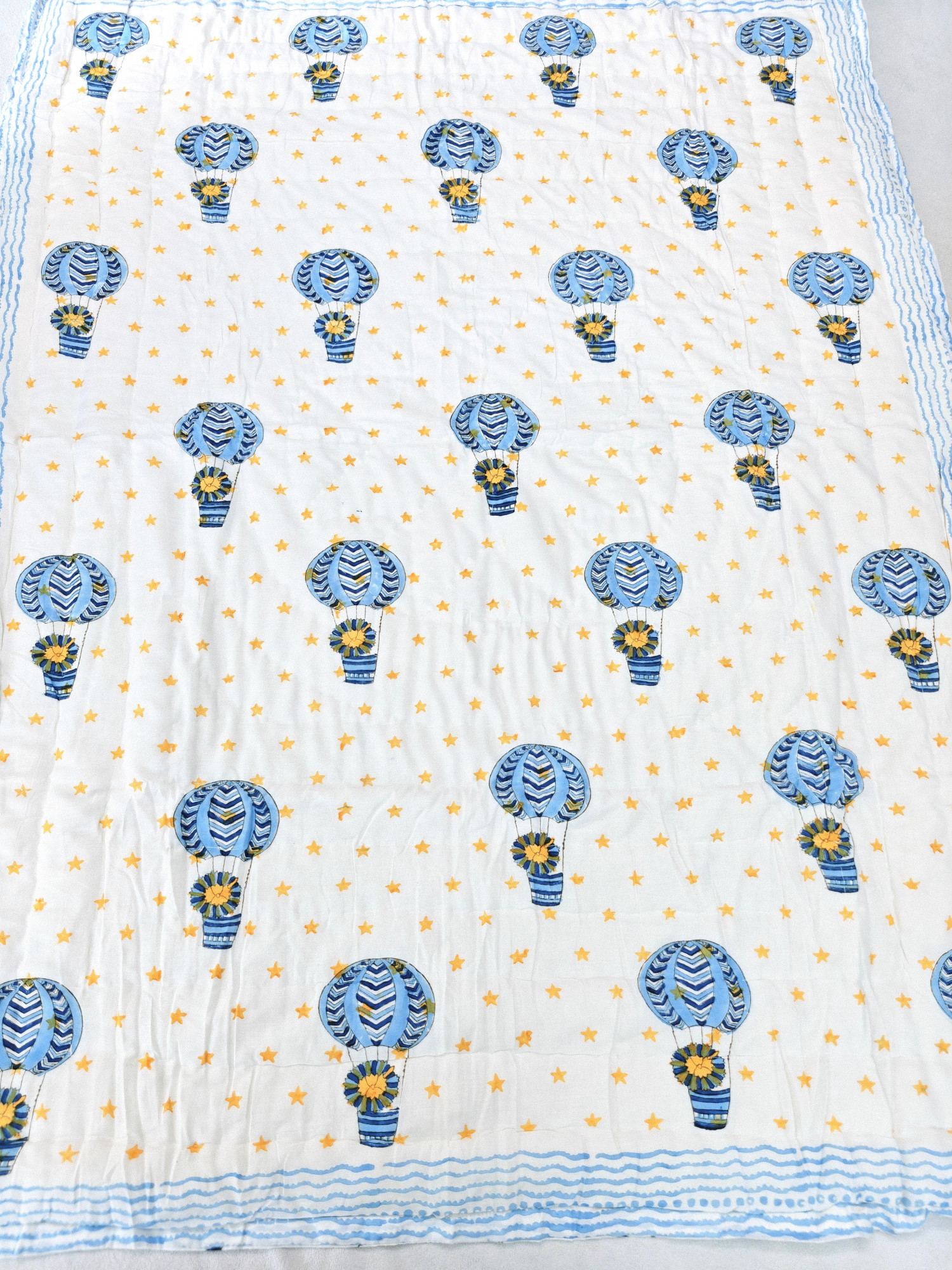 Hand Block Print Baby Quilt - Hot Air Baloon Baby Jaipuri Cotton Razai