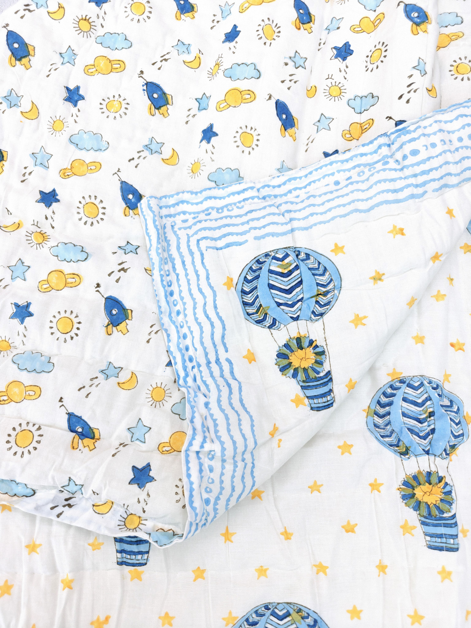 Hand Block Print Baby Quilt - Hot Air Baloon Baby Jaipuri Cotton Razai