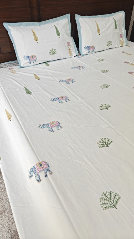 Image of Handblock King Size Jaipuri Bedsheet | Cotton | Monsoon Meadow Bedsheet