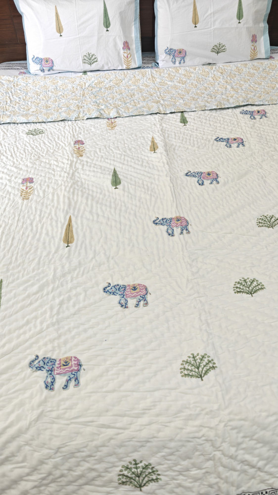 Image of Handblock Soft Mulmul Double Jaipuri Razai |  Monsoon Meadow Quilt