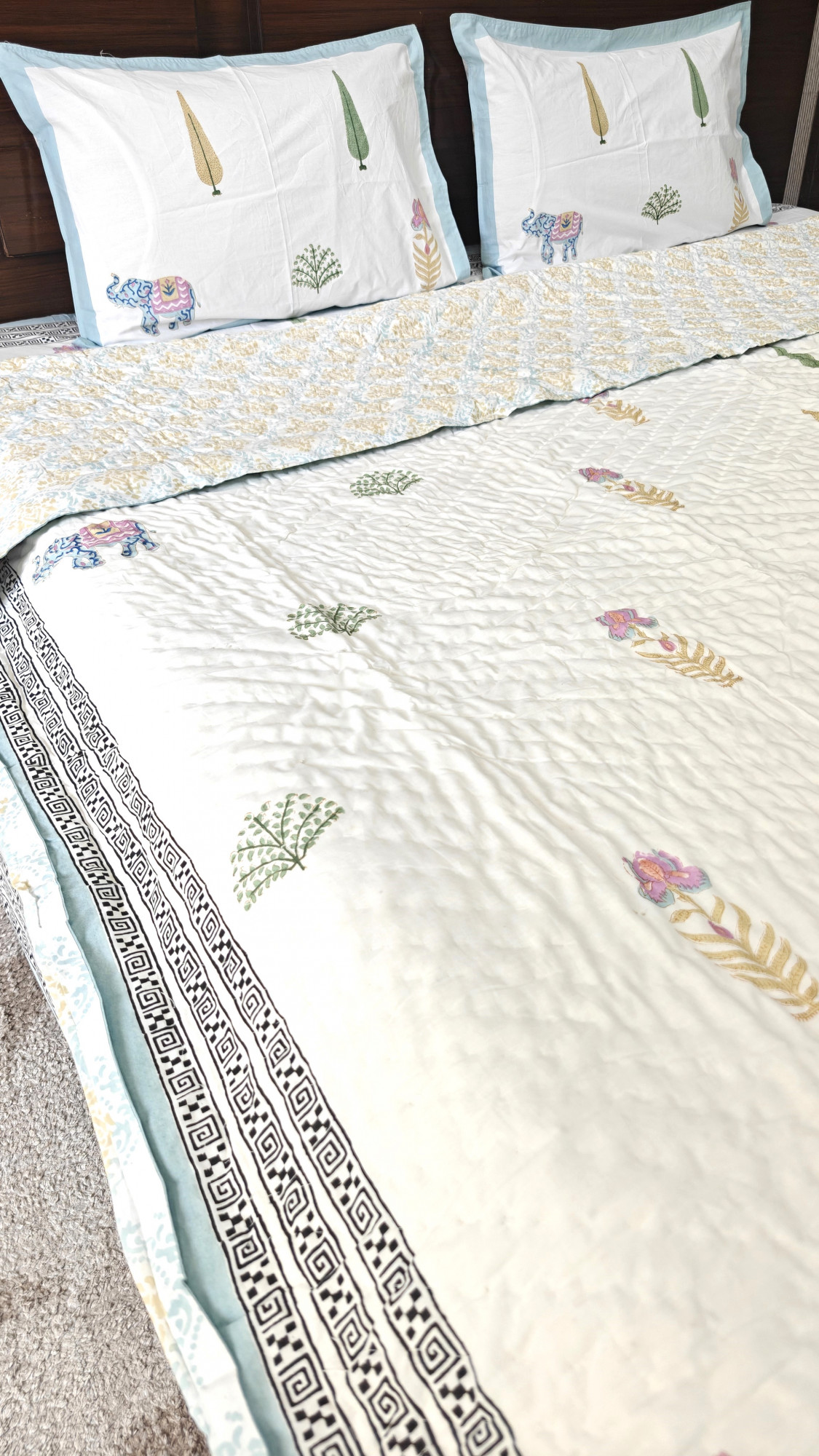 Handblock Soft Mulmul Double Jaipuri Razai |  Monsoon Meadow Quilt