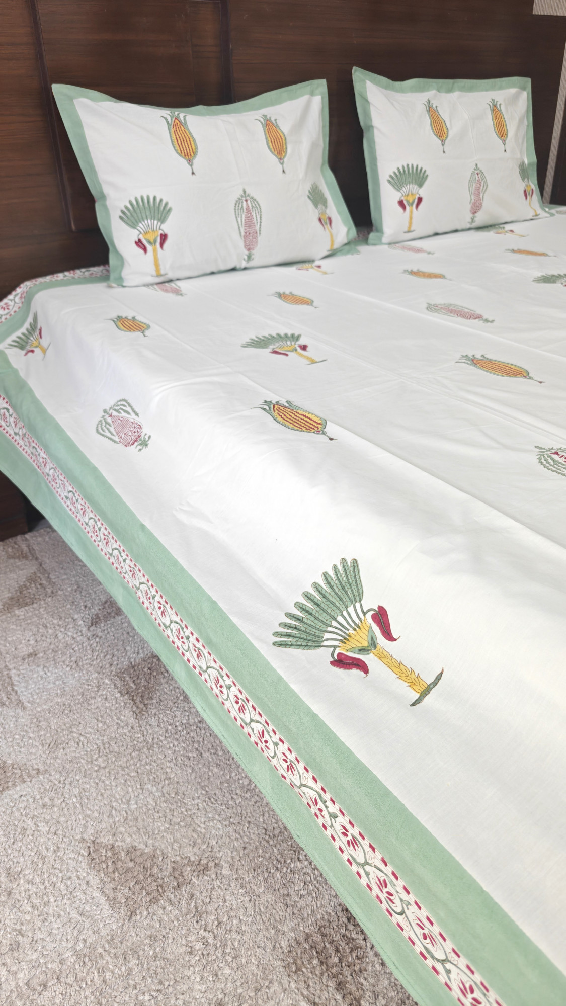 Handblock King Size Jaipuri Bedsheet | Cotton | Saffron  Garden Bedsheet