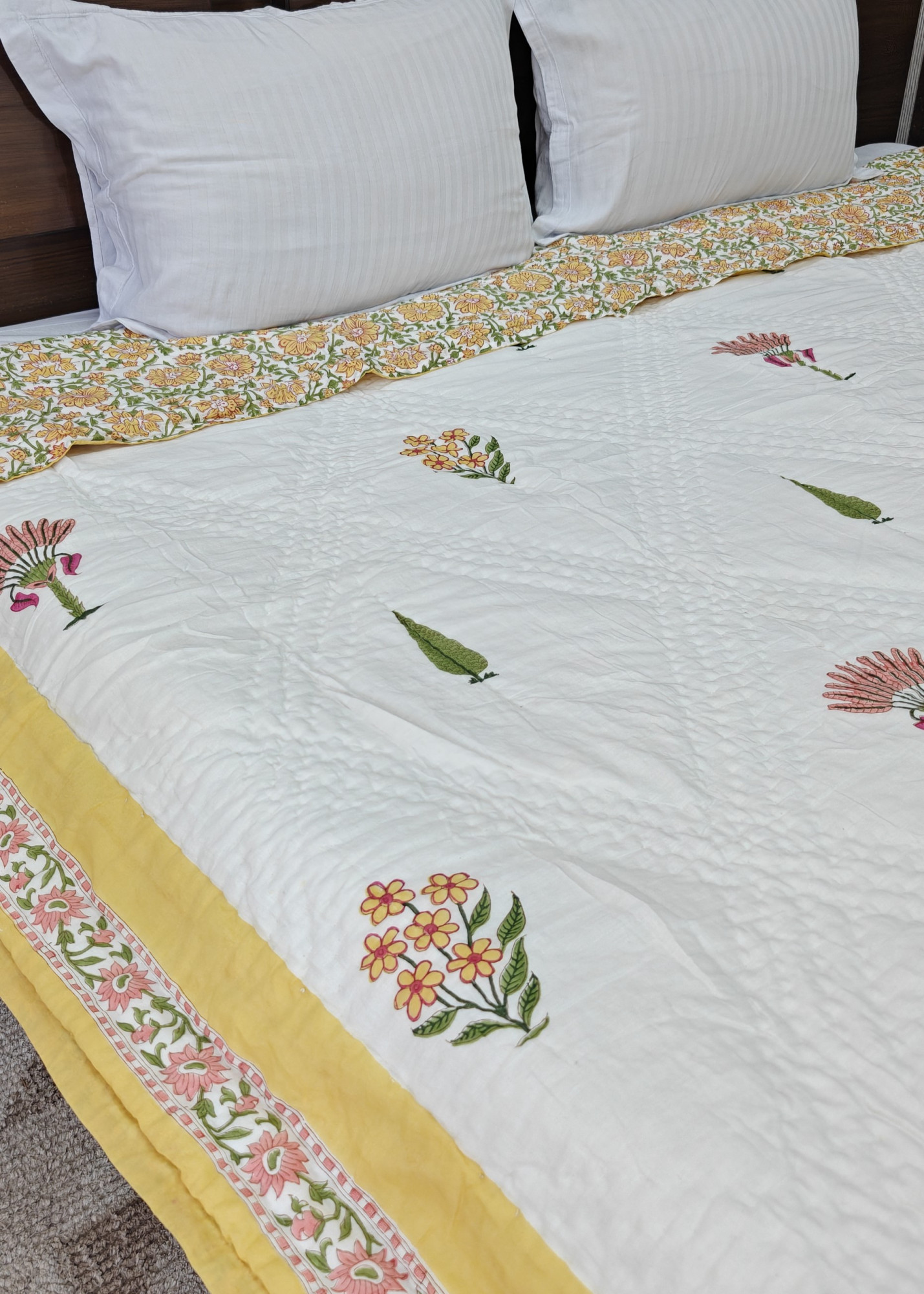 Hand Block Print Mulmul Quilt - Floral Heritage Soft Jaipuri Razai Double