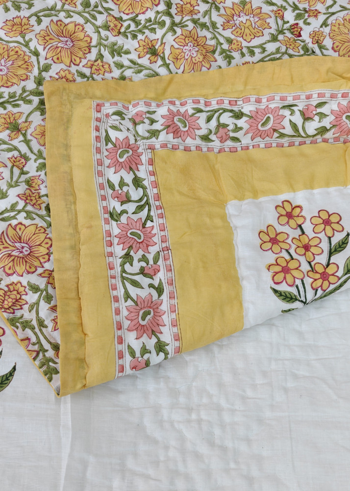 Image of Handblock Soft Mulmul Double Jaipuri Razai | Floral Heritage Quilt