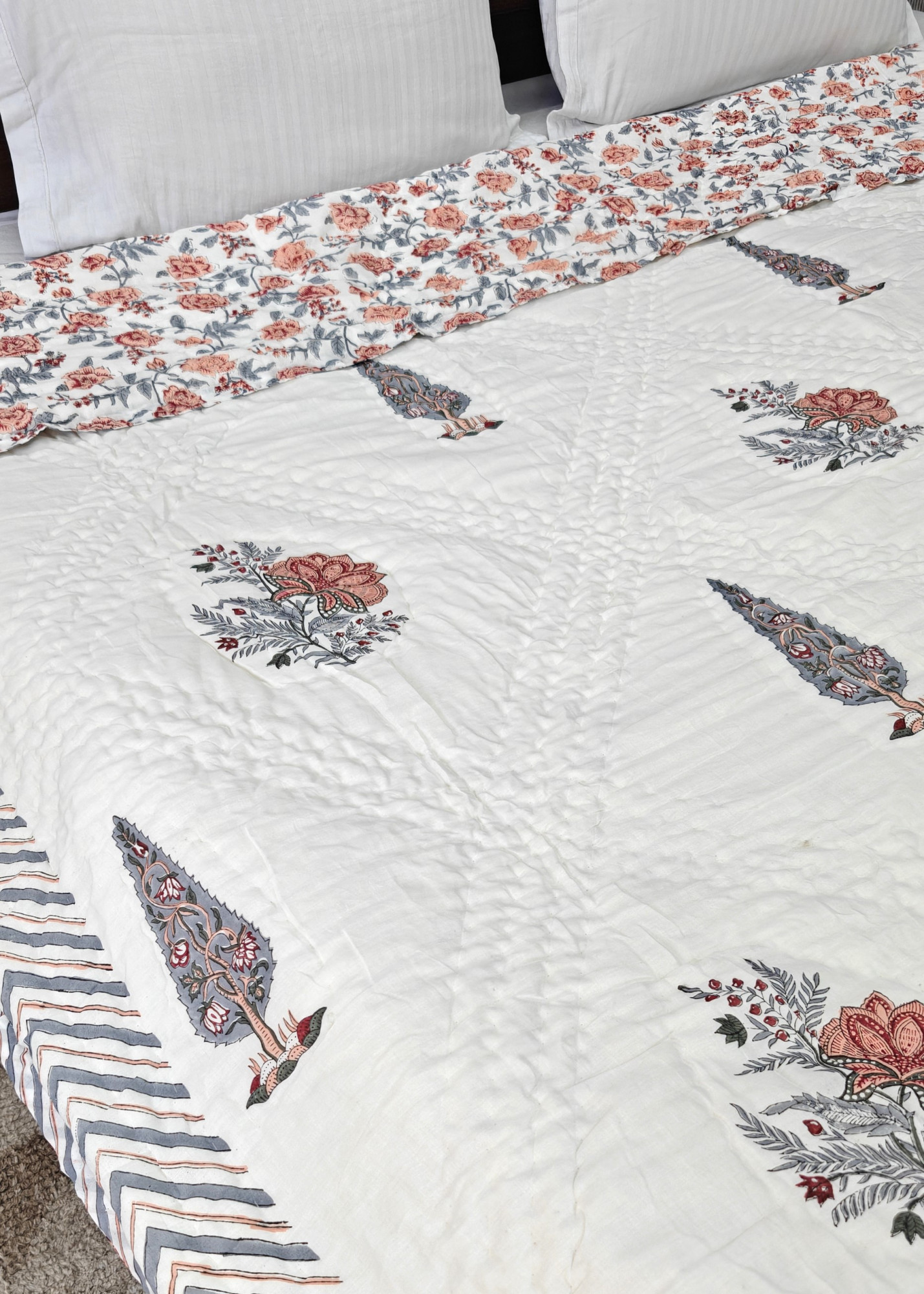 Handblock Soft Mulmul Double Jaipuri Razai | Kesariya Comfort Quilt