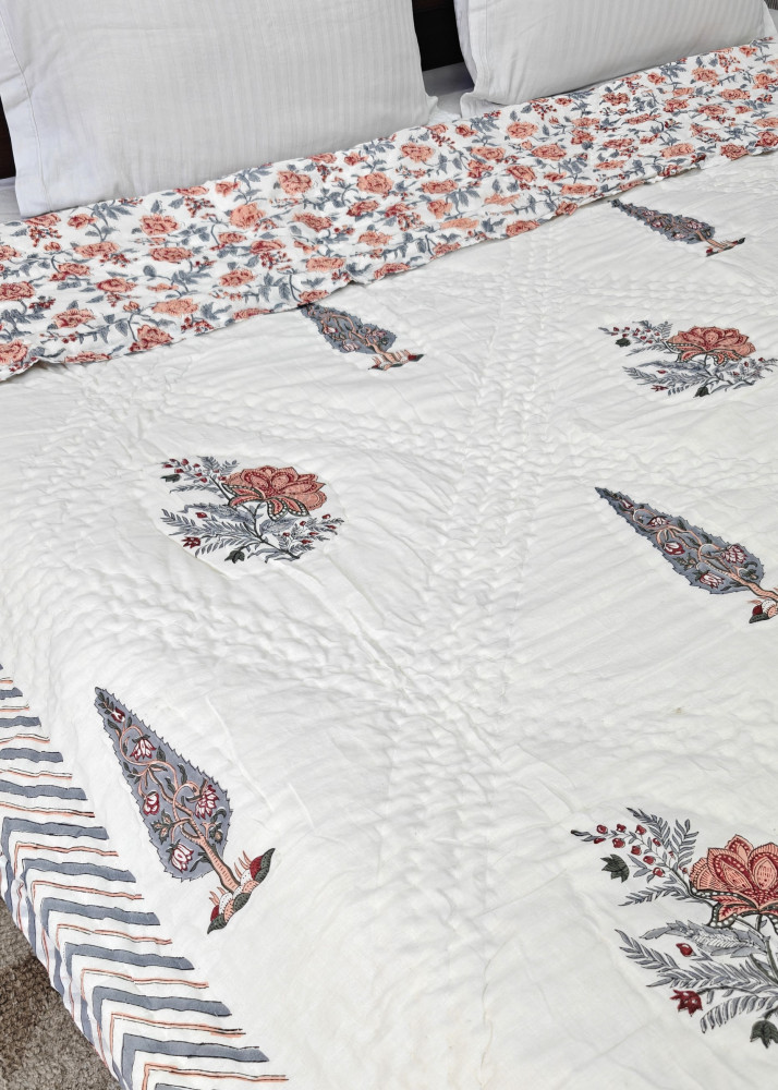 Image of Handblock Soft Mulmul Double Jaipuri Razai | Kesariya Comfort Quilt