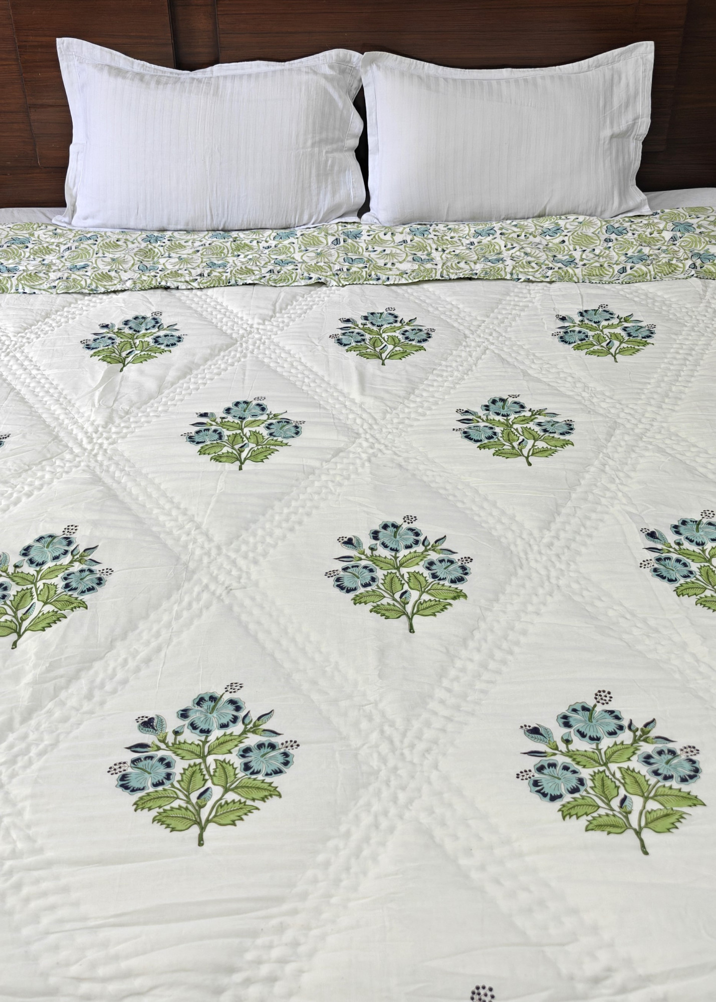 Hand Block Print Mulmul Quilt - Blue Buds Soft Jaipuri Razai Double