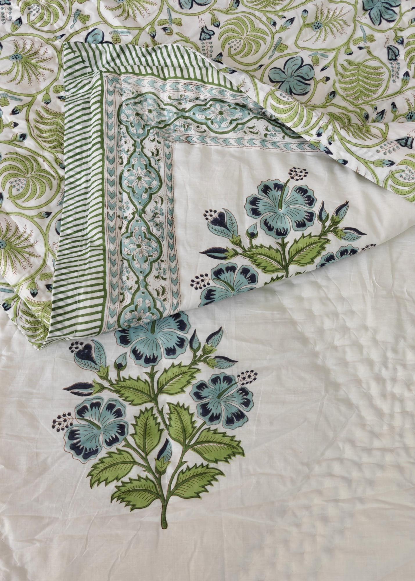 Hand Block Print Mulmul Quilt - Blue Buds Soft Jaipuri Razai Double
