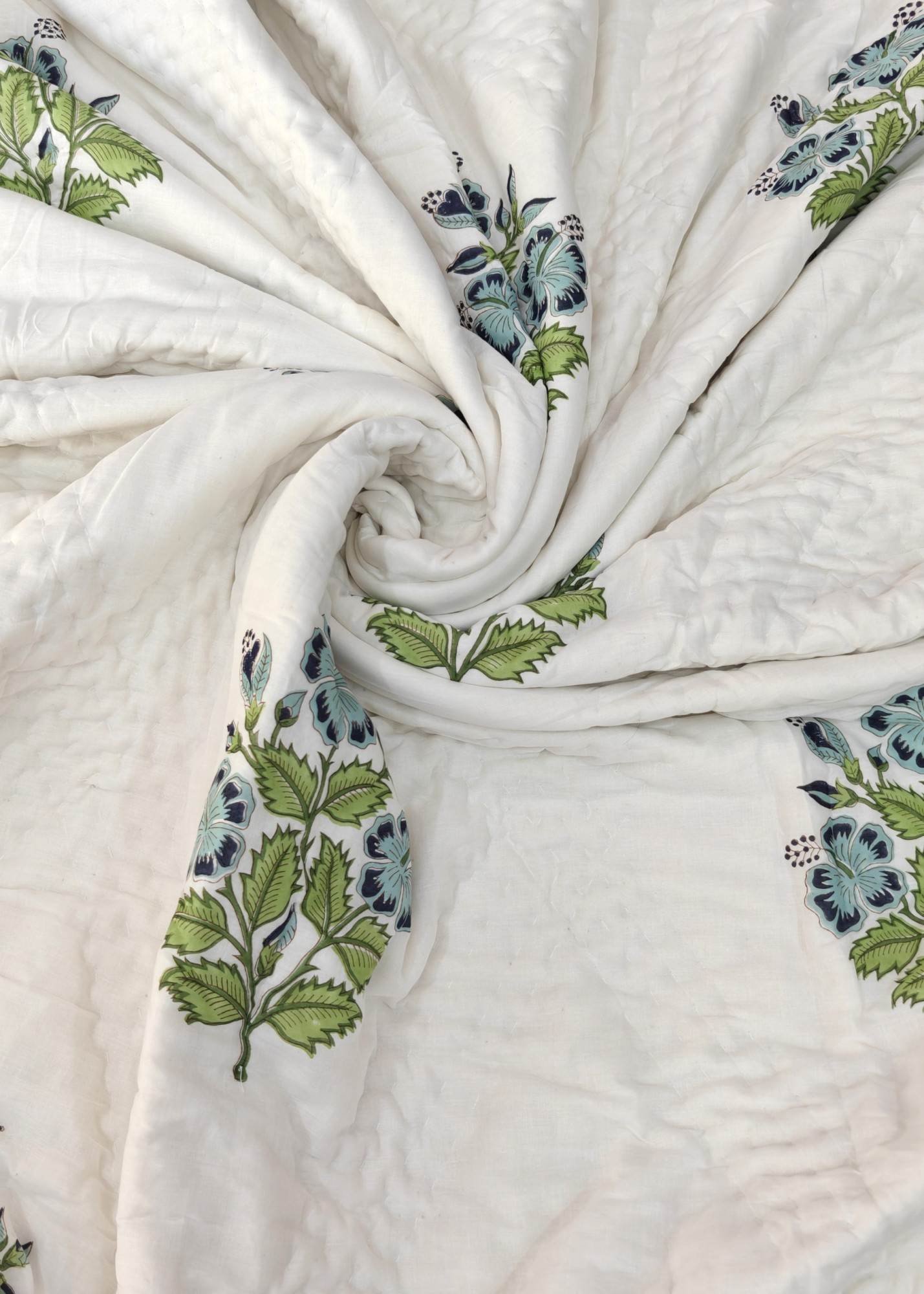 Hand Block Print Mulmul Quilt - Blue Buds Soft Jaipuri Razai Double