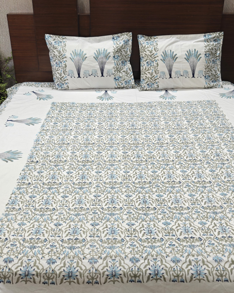 Image of Jaipuri Block Print Bedsheet - Haathi Moor | Hand Block Print Cotton King Size