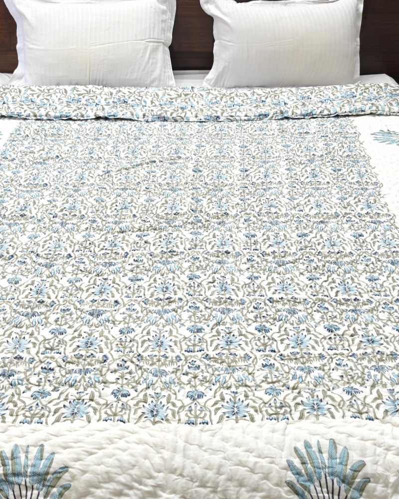 Image of Hand Block Print Mulmul Quilt - Haathi Moor | Soft Jaipuri Razai Double