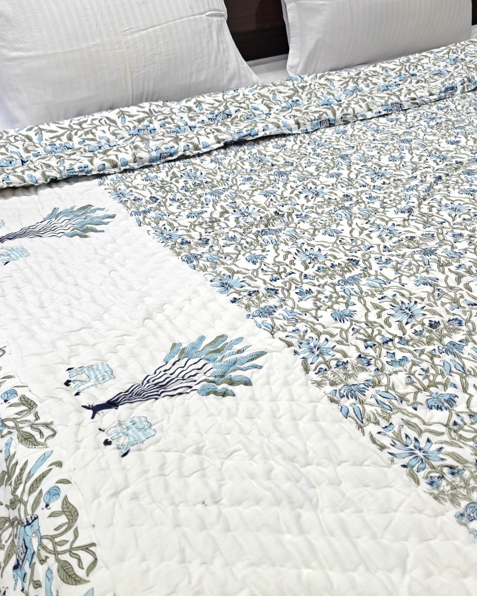 Hand Block Print Mulmul Quilt - Haathi Moor  Soft Jaipuri Razai Double