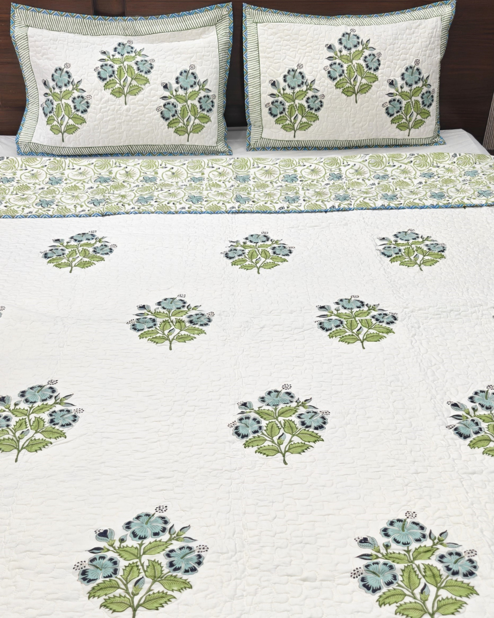 Block Print Bedcover - Blue Buds Reversible Hand Block Print Cotton Double