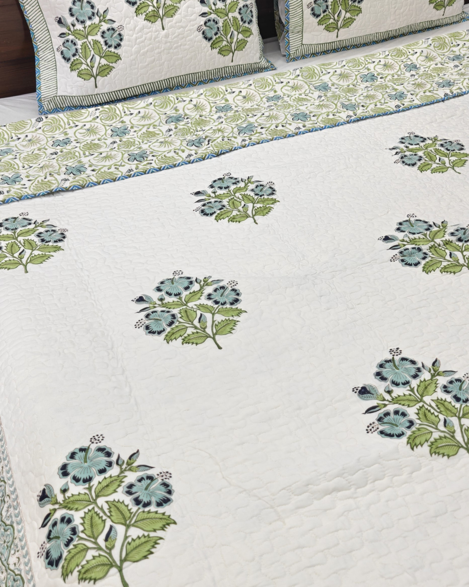 Block Print Bedcover - Blue Buds Reversible Hand Block Print Cotton Double
