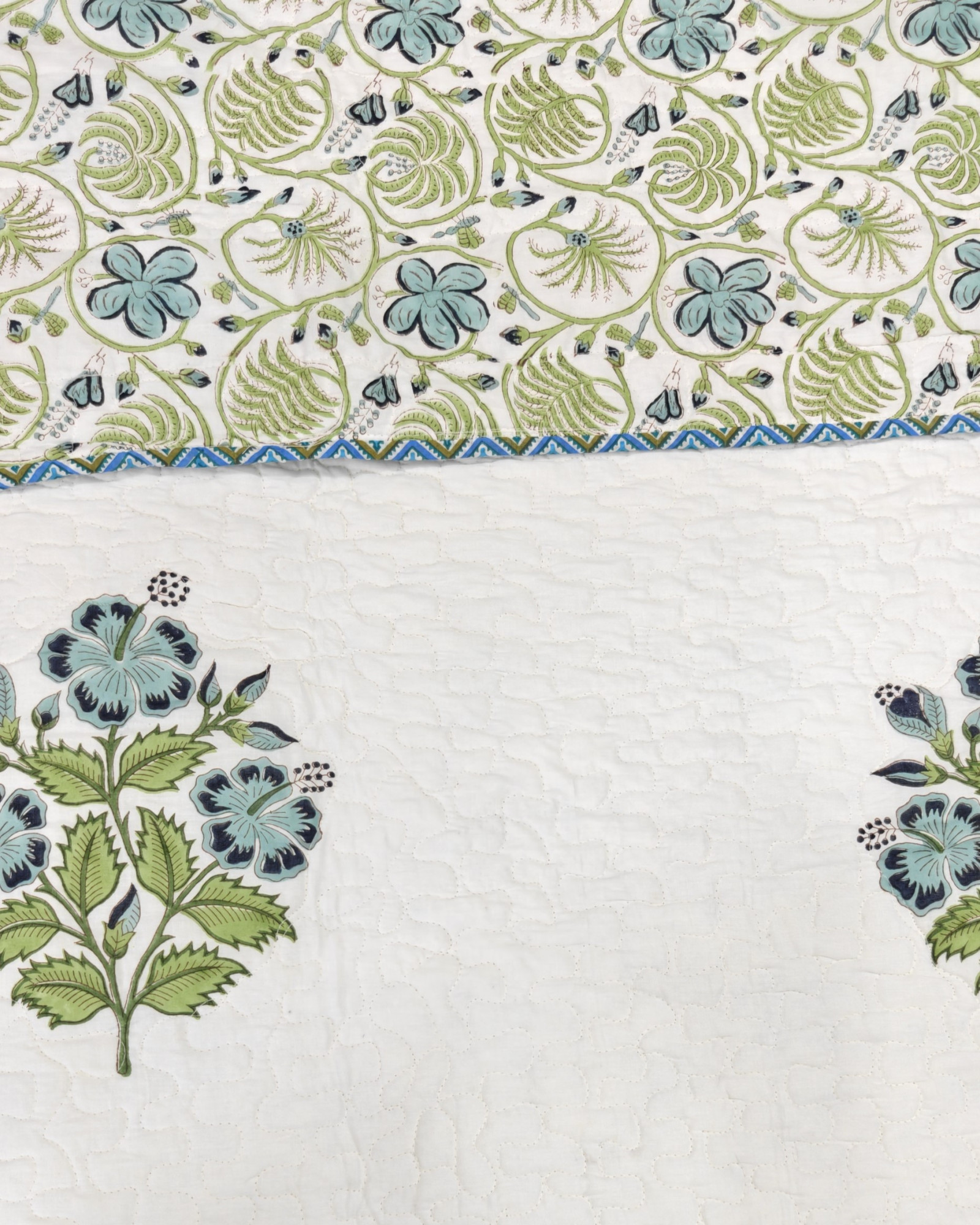 Block Print Bedcover - Blue Buds  Reversible Hand Block Print Cotton Double