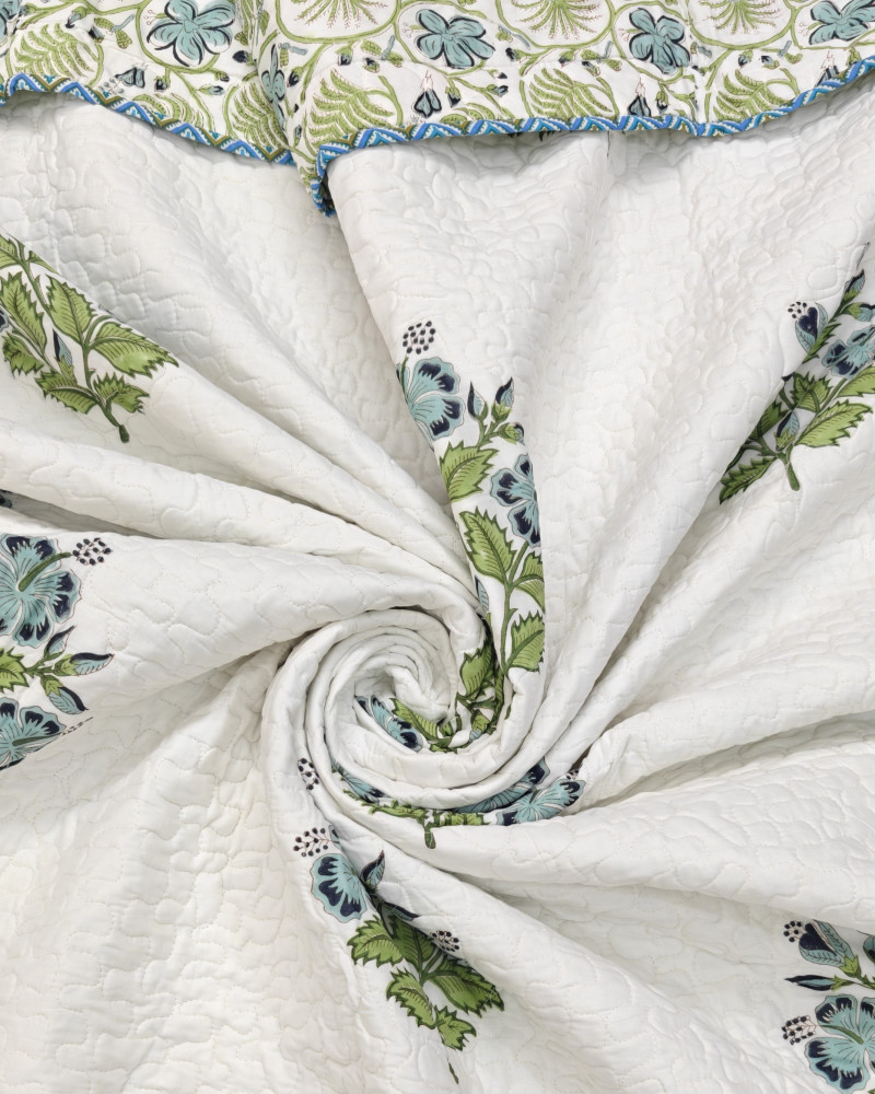 Image of Block Print Bedcover - Blue Buds | Reversible Hand Block Print Cotton Double