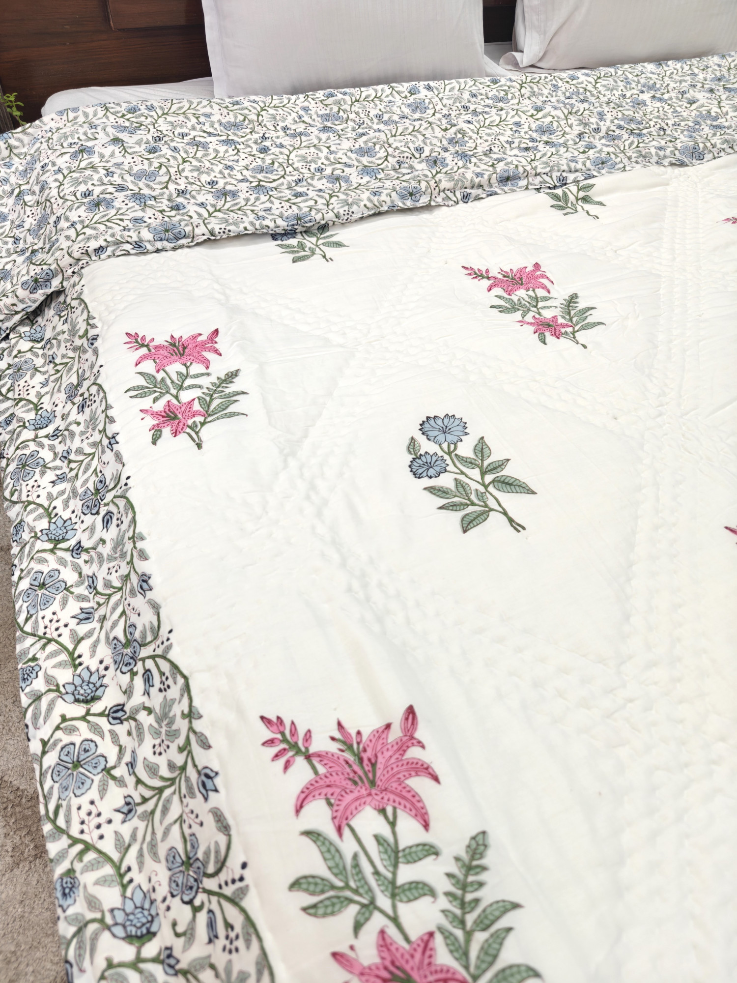 Hand Block Print Mulmul Quilt - Amber Looms Soft Jaipuri Razai Double