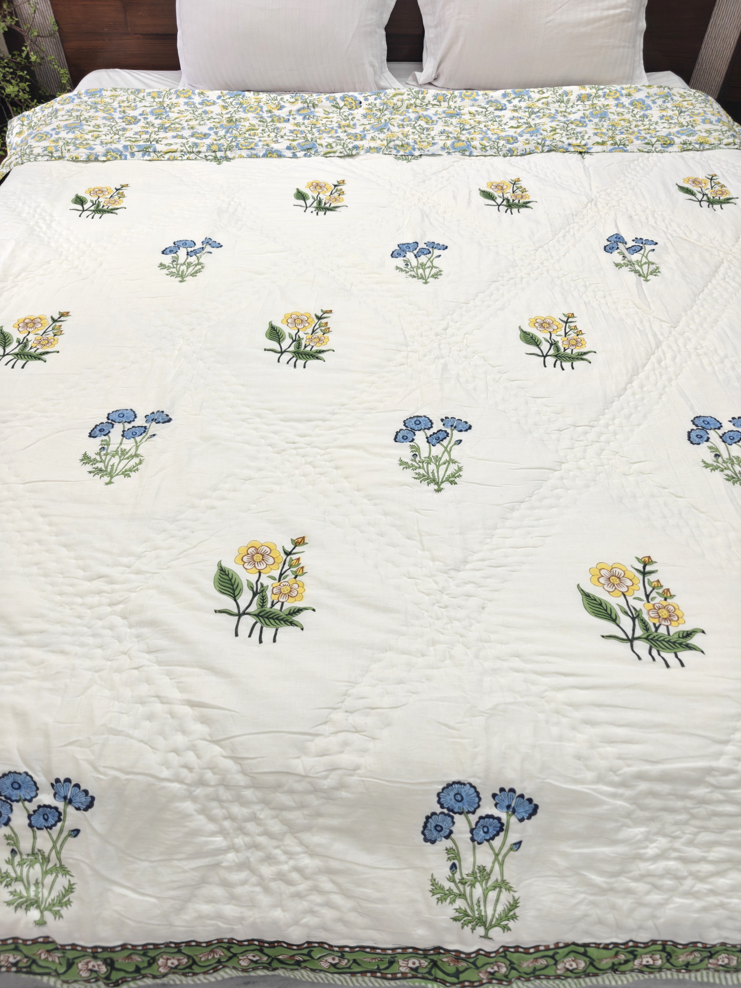 Hand Block Print Mulmul Quilt - Meadow Bloom  Soft Jaipuri Razai Double