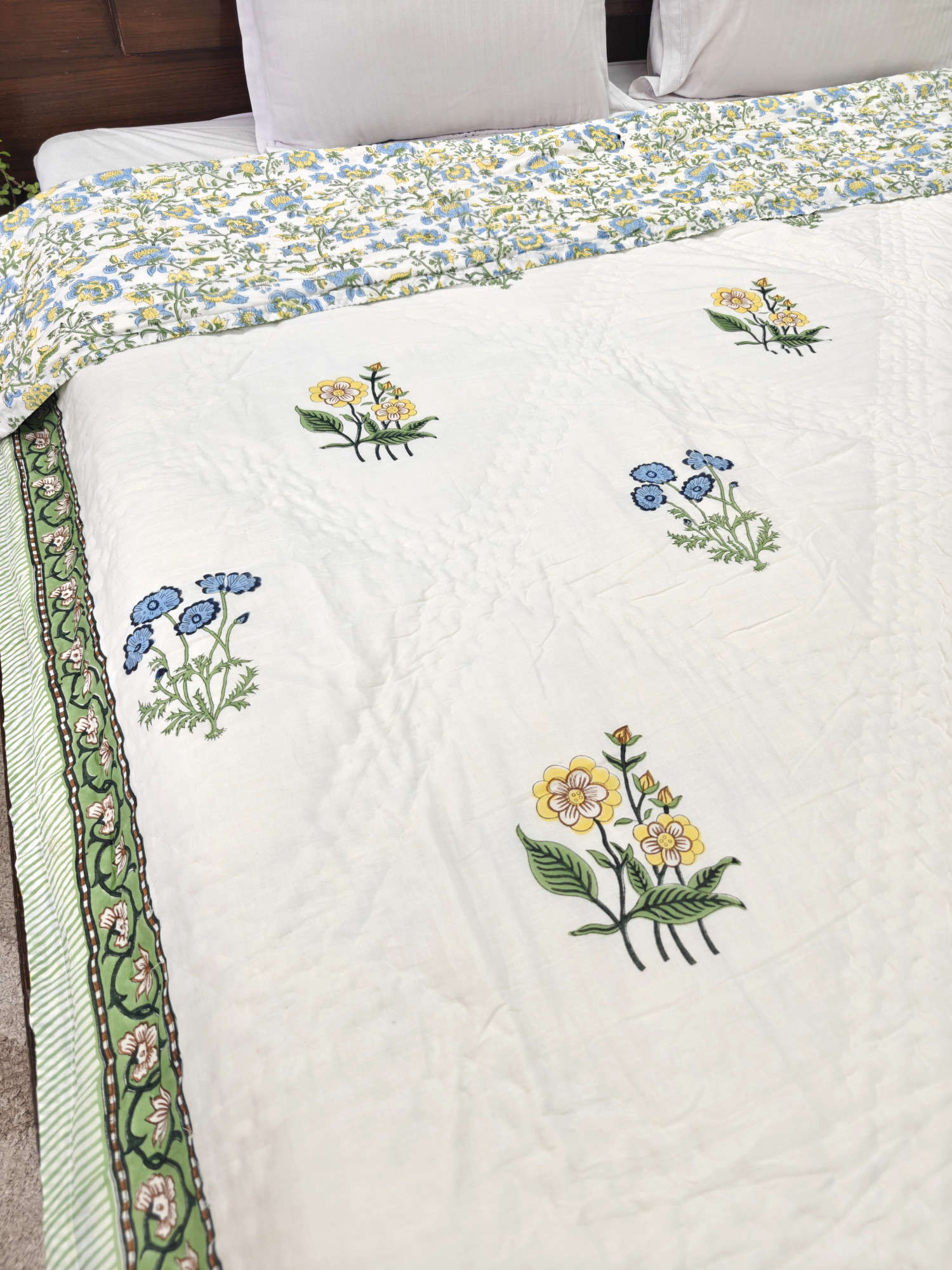 Hand Block Print Mulmul Quilt - Meadow Bloom Soft Jaipuri Razai Double