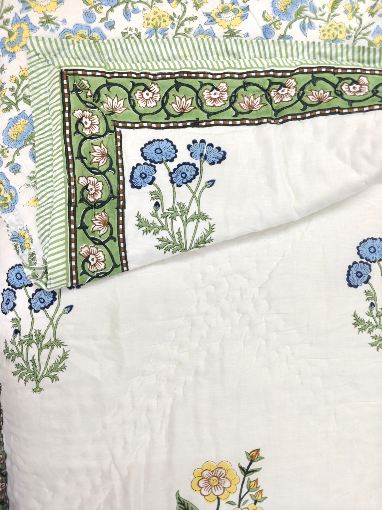 Hand Block Print Mulmul Quilt - Meadow Bloom  Soft Jaipuri Razai Double