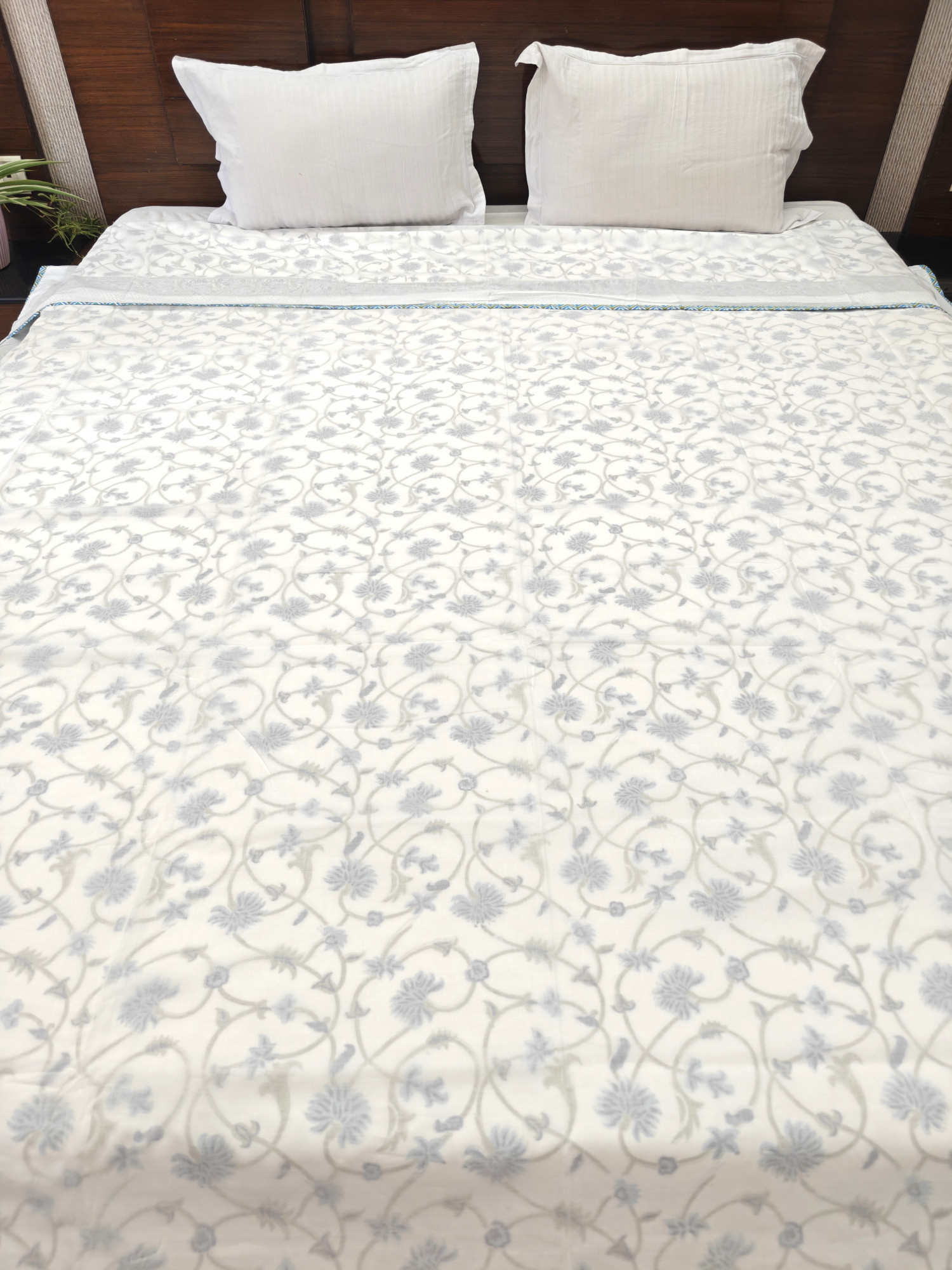 Block Print 3D Dohar - Silver Trellis Hand Block Print Mulmul Jaipuri