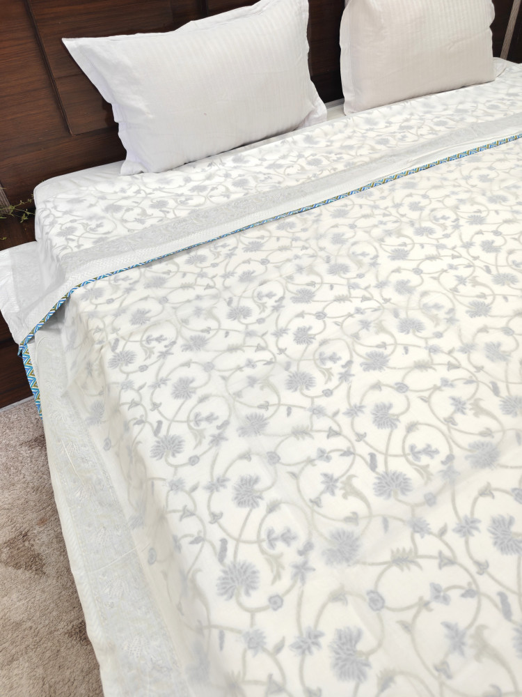 Image of Block Print 3D Dohar - Silver Trellis | Hand Block Print Mulmul Jaipuri