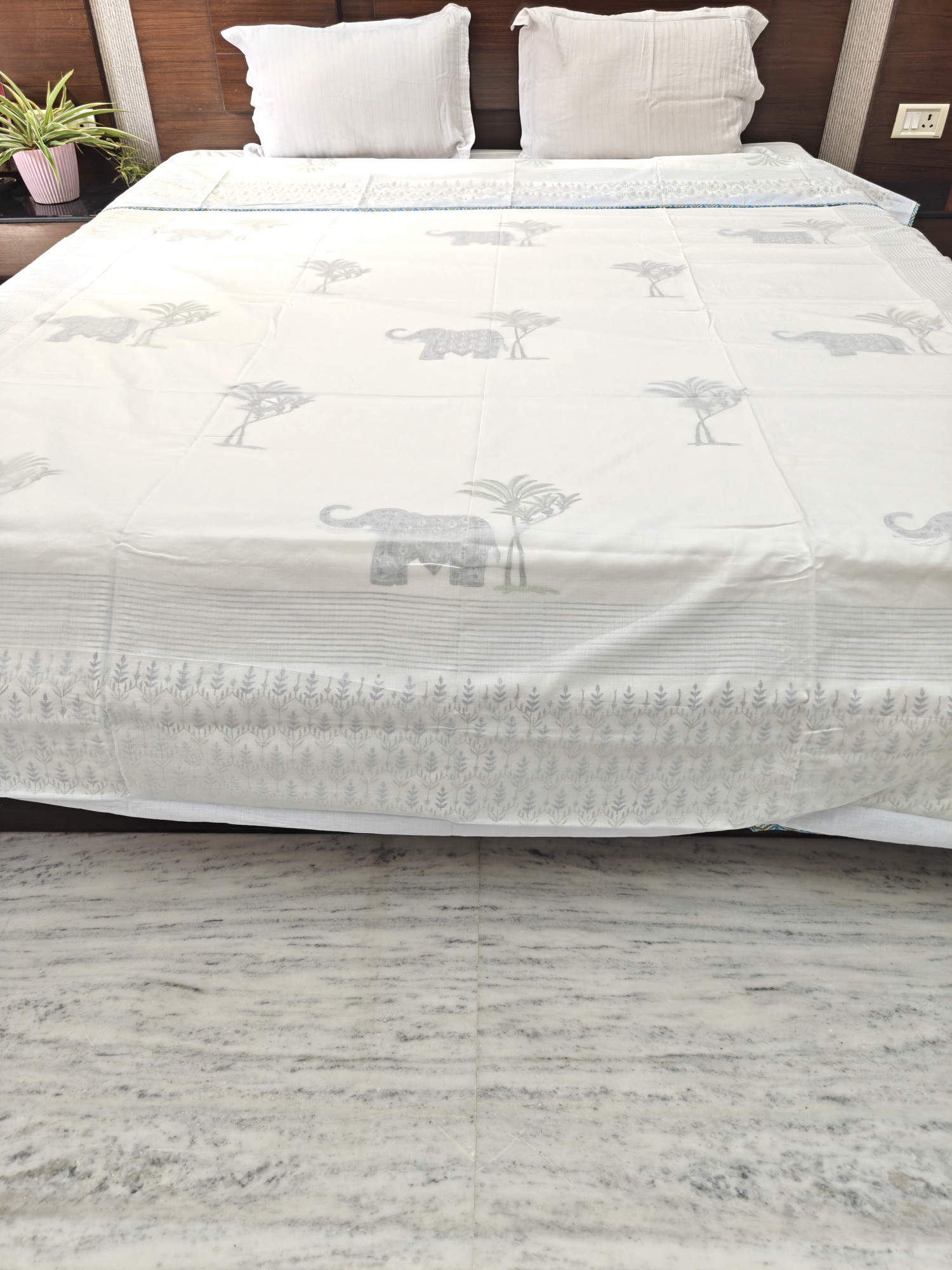 Block Print 3D Dohar - Grey Haathi Hand Block Print Mulmul Jaipuri