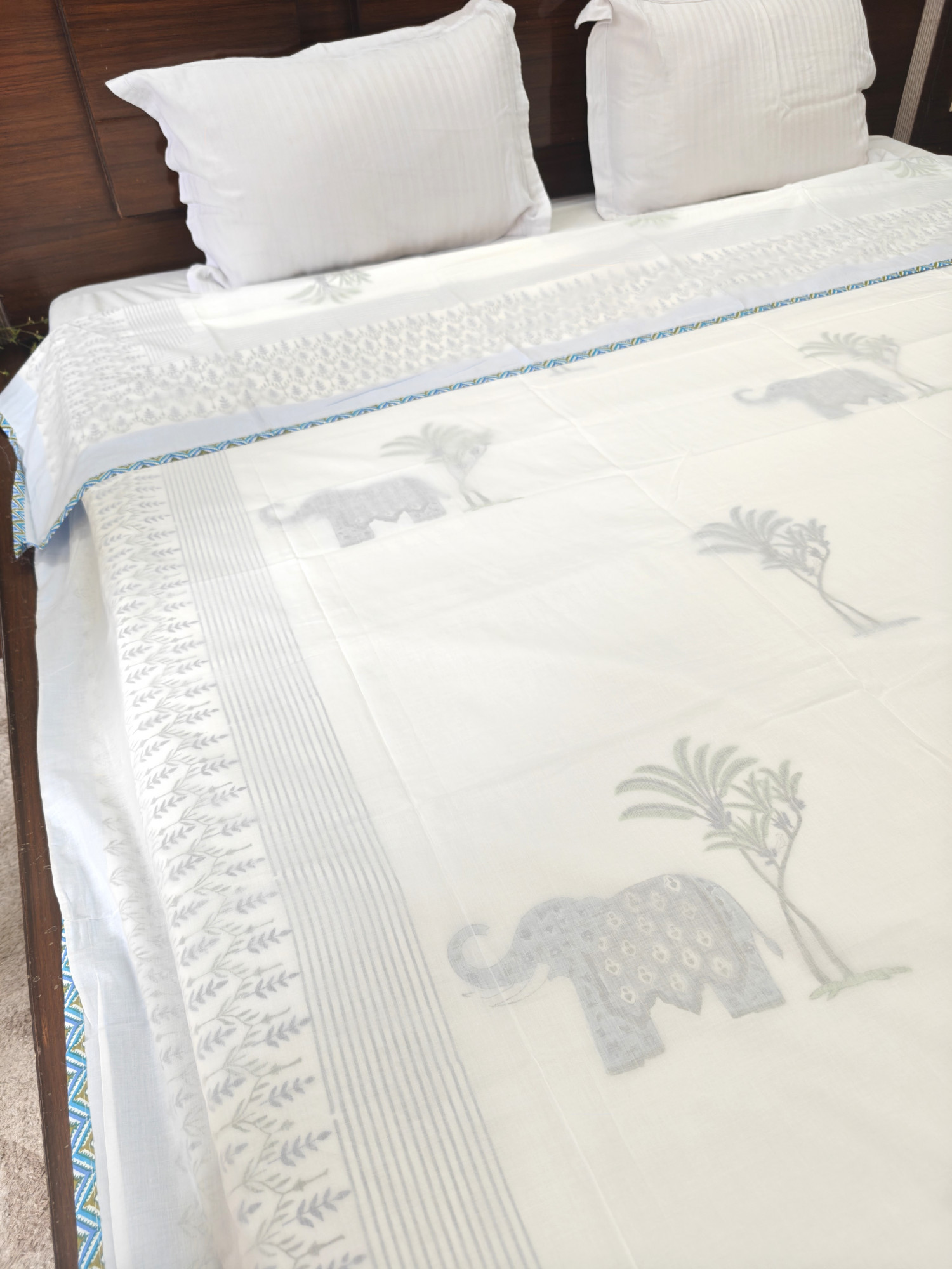 Block Print 3D Dohar - Grey Haathi  Hand Block Print Mulmul Jaipuri