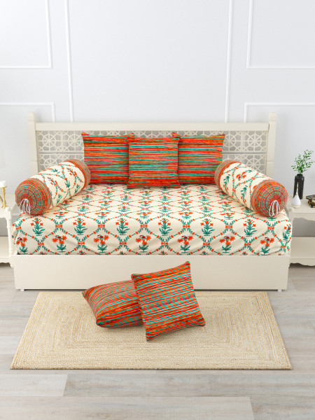 Gharana Multi-Colour Pure Cotton 1+2+5 Diwan set  - Set Of 18