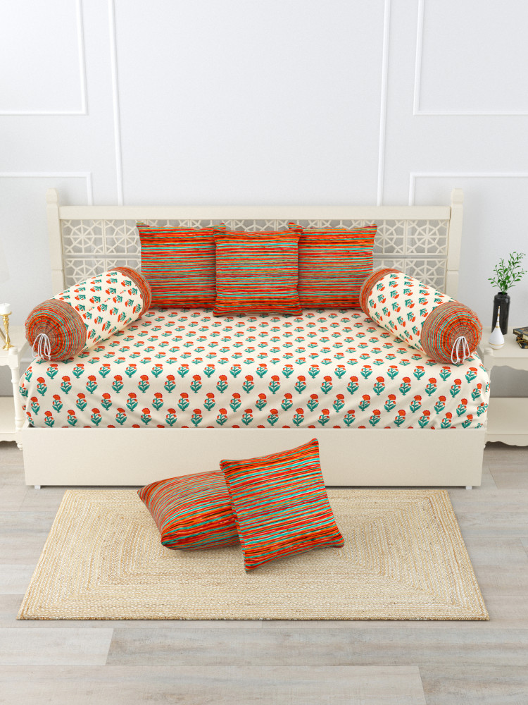 Gharana Multi-Colour Pure Cotton 1+2+5 Diwan set  - Set Of 18