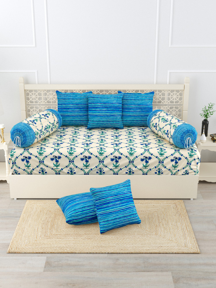 Gharana Multi-Colour Pure Cotton 1+2+5 Diwan set  - Set Of 18